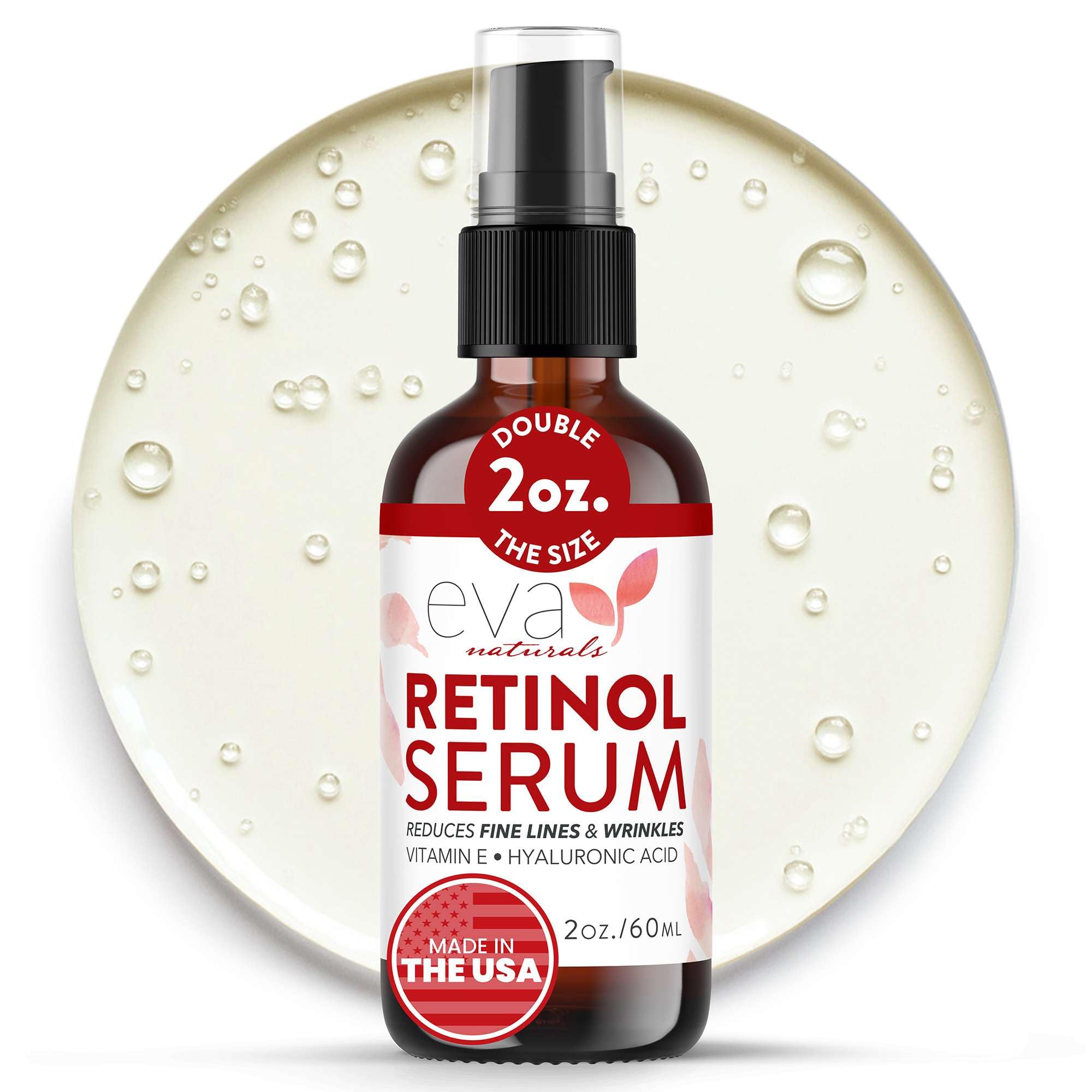 Sérum Eva Naturals en bouteille avec pompe, texture peau plus lisse et lumineuse