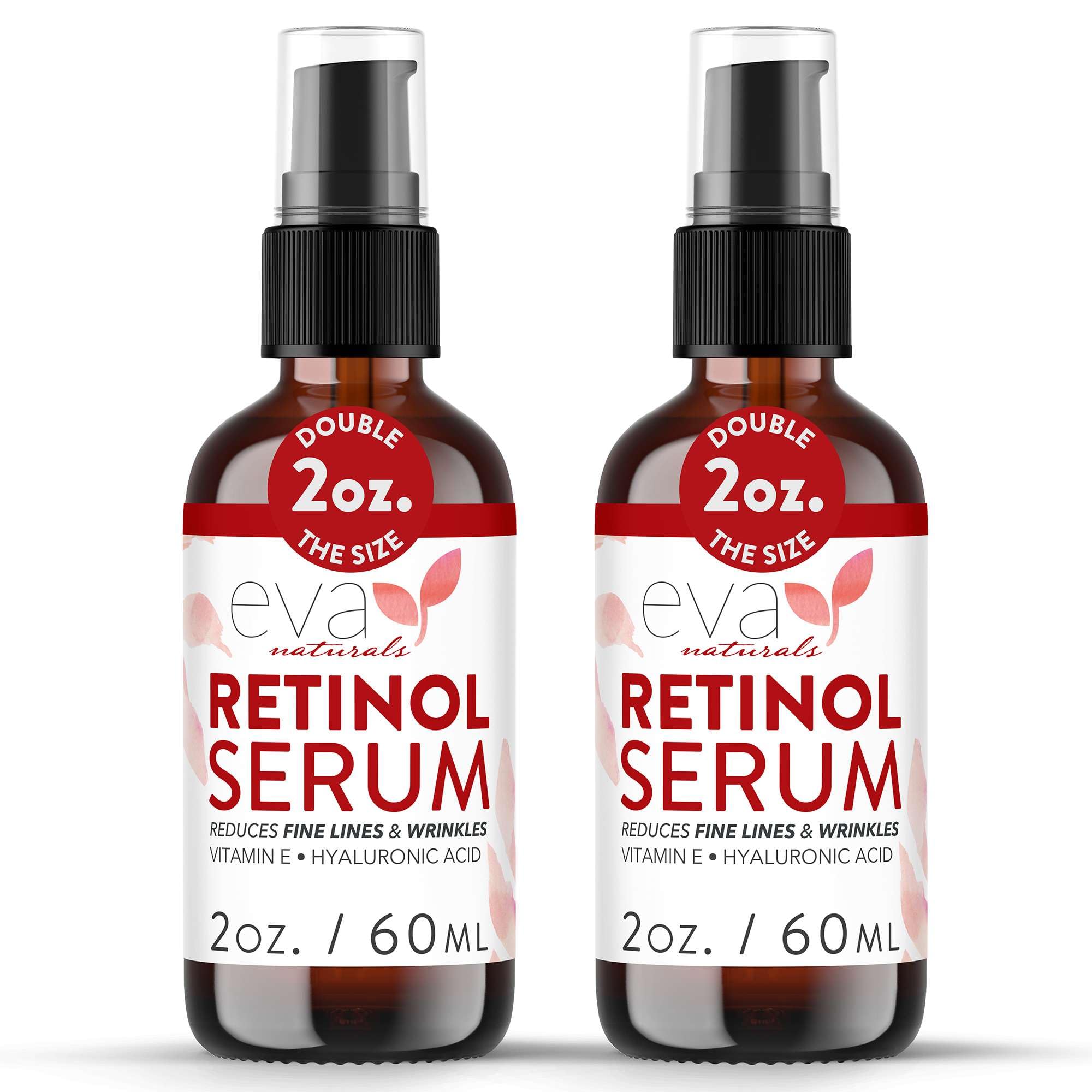 Sérum Eva Naturals visuel bouteille, peau lumineuse après application.
