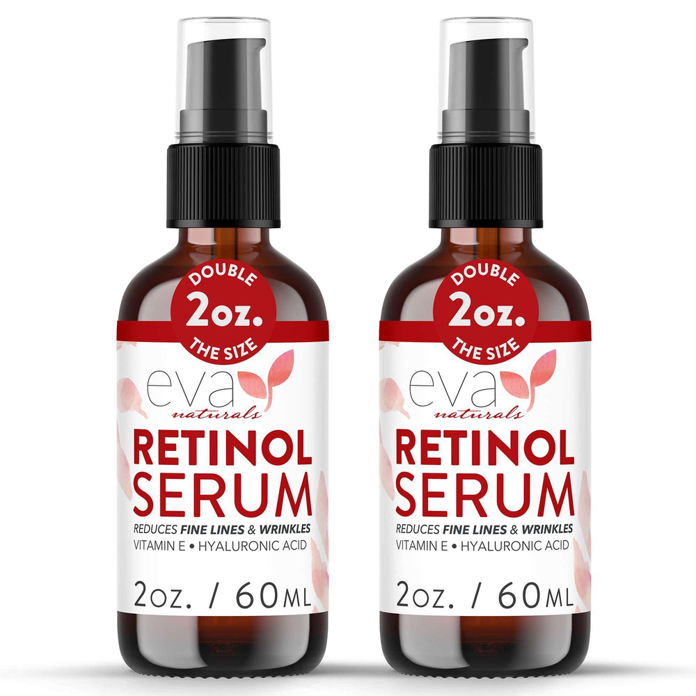 Sérum Eva Naturals visuel bouteille, peau lumineuse après application.