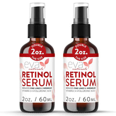 Sérum Eva Naturals visuel bouteille, peau lumineuse après application.