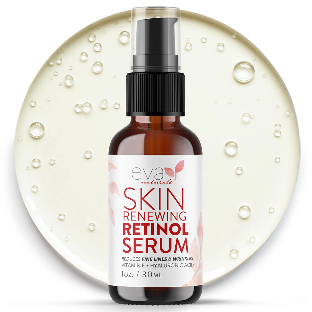 Le sérum Eva Naturals au rétinol dans le flacon, peau plus lisse.