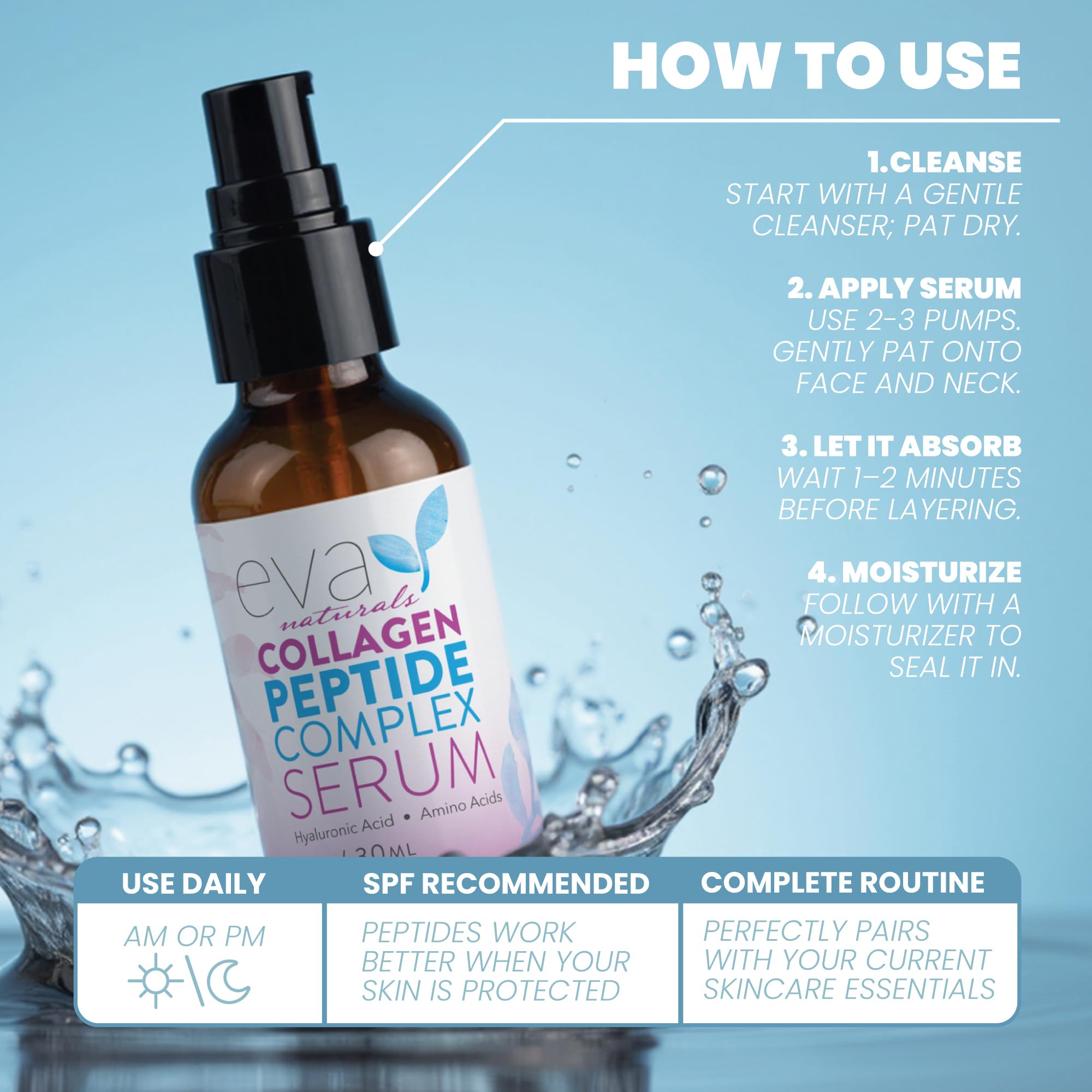 Teint uniforme et éclat potentiel grâce au mélange de peptides Eva Naturals.