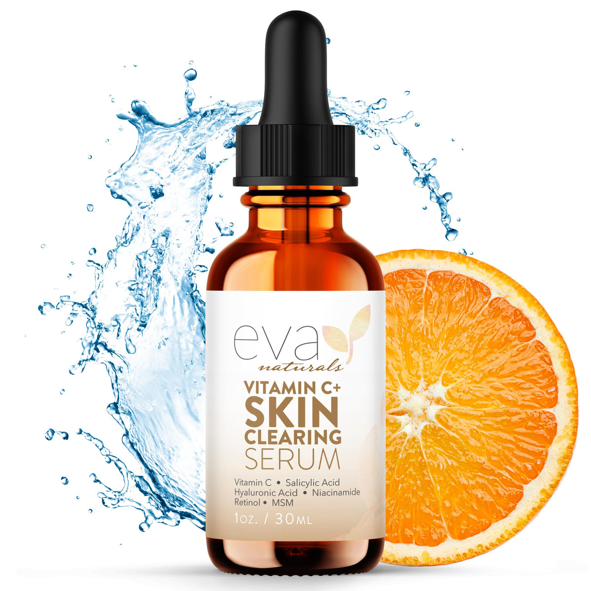 Sérum Eva Naturals vitamine C avec retinol et salicylique, flacon net pour peau claire.
