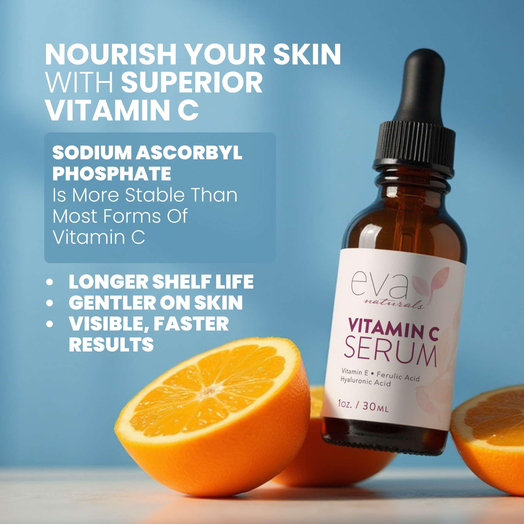 Amélioration de la texture et réduction visuelle des imperfections grâce au sérum Eva Naturals.