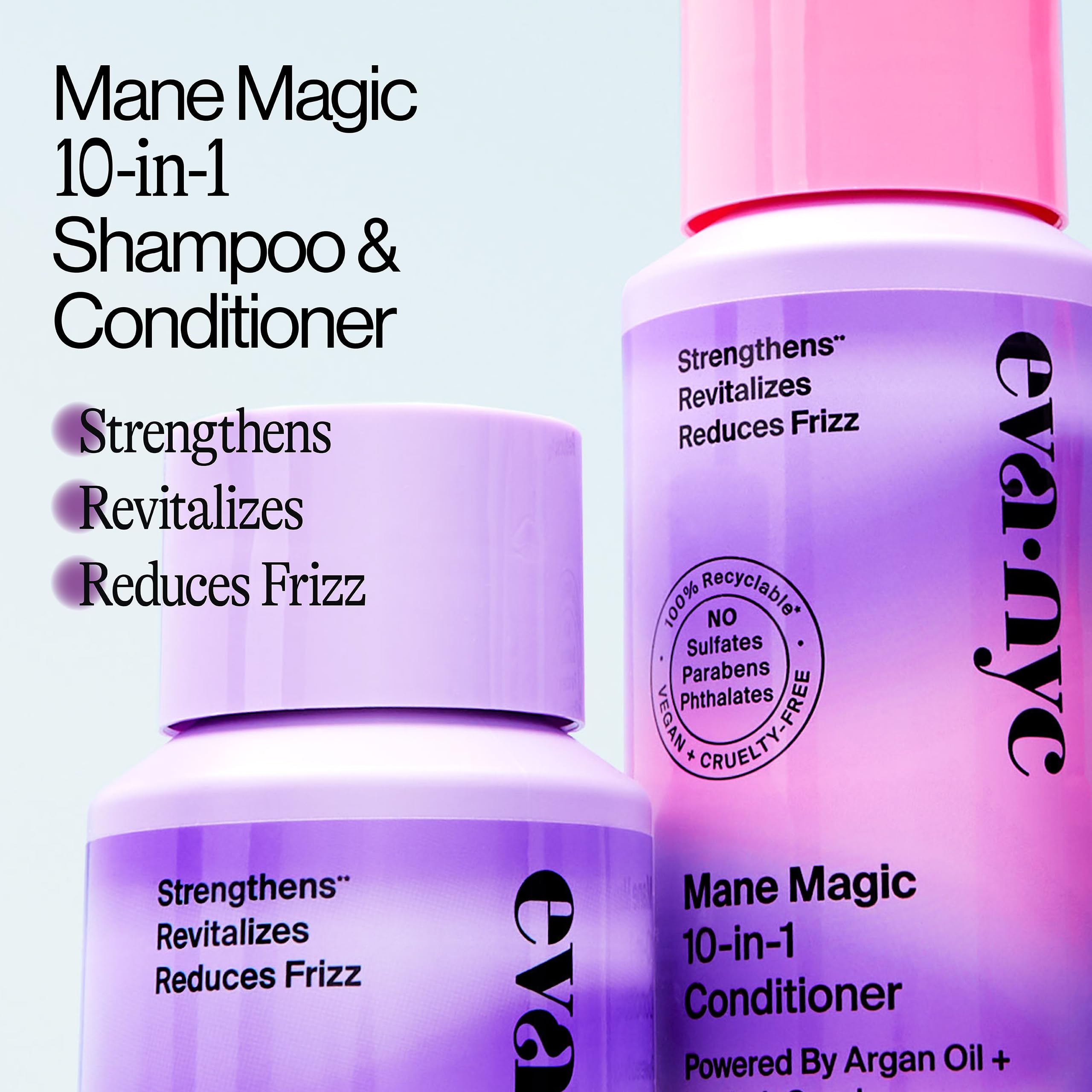 Eva NYC Mane Magic: ingrédients clés argan et baobab pour hydrater et assouplir.