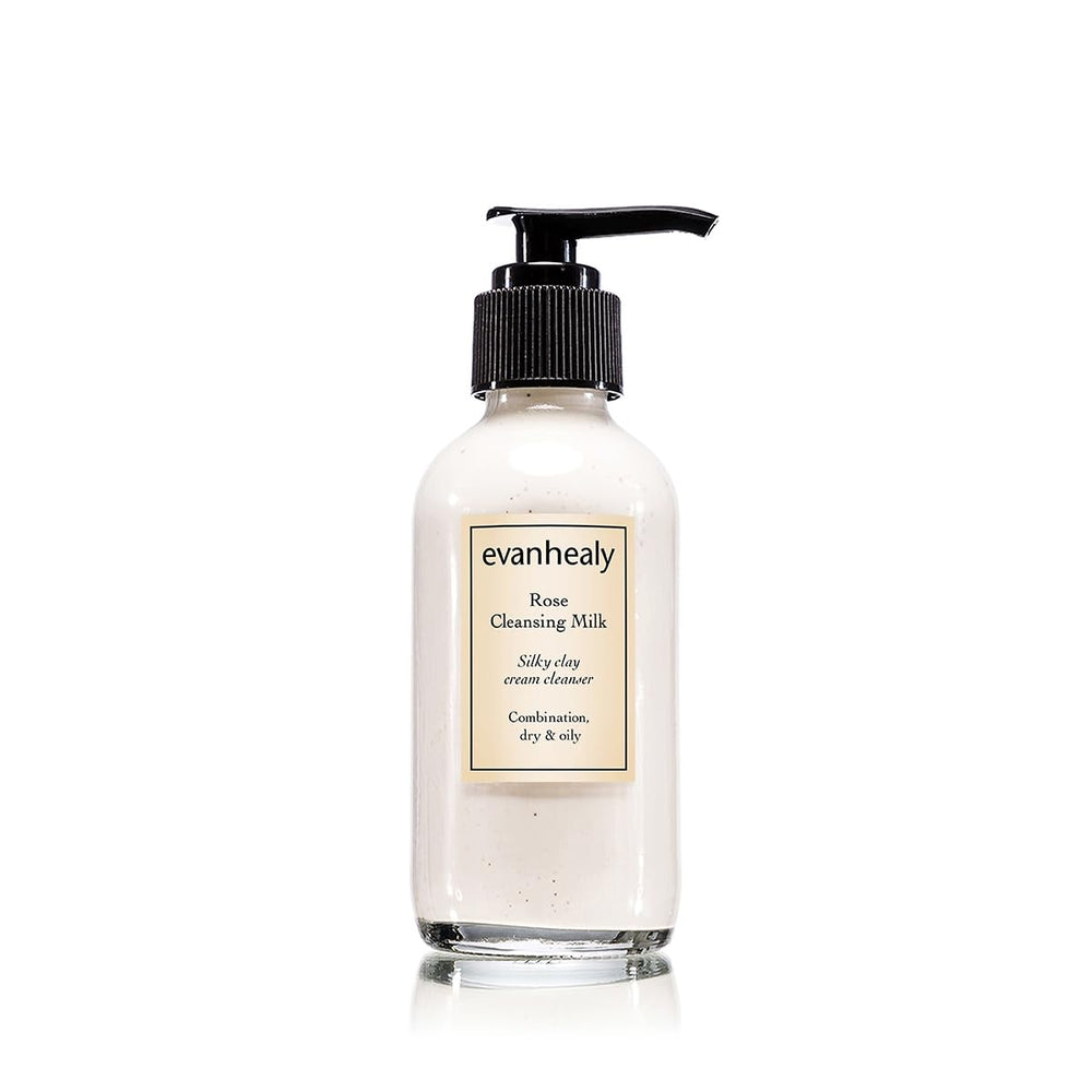 Évanhealy Rose Lait Nettoyant : bouteille crèmeuse prête pour une application douce et nettoyante.