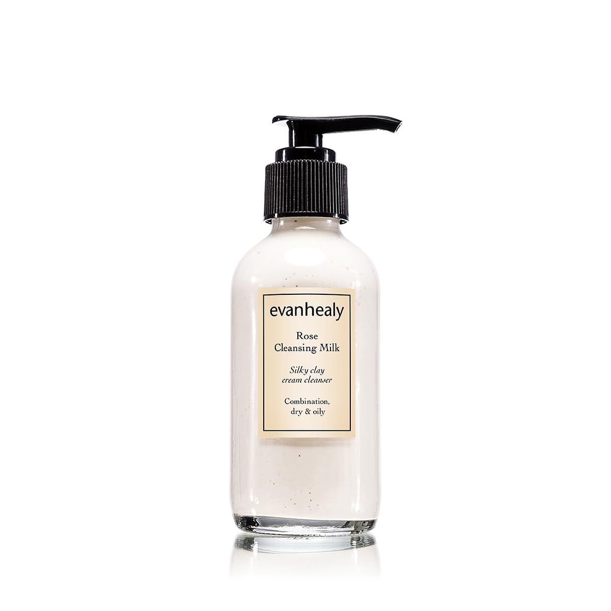Évanhealy Rose Lait Nettoyant : bouteille crèmeuse prête pour une application douce et nettoyante.