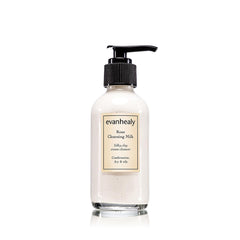Évanhealy Rose Lait Nettoyant : bouteille crèmeuse prête pour une application douce et nettoyante.