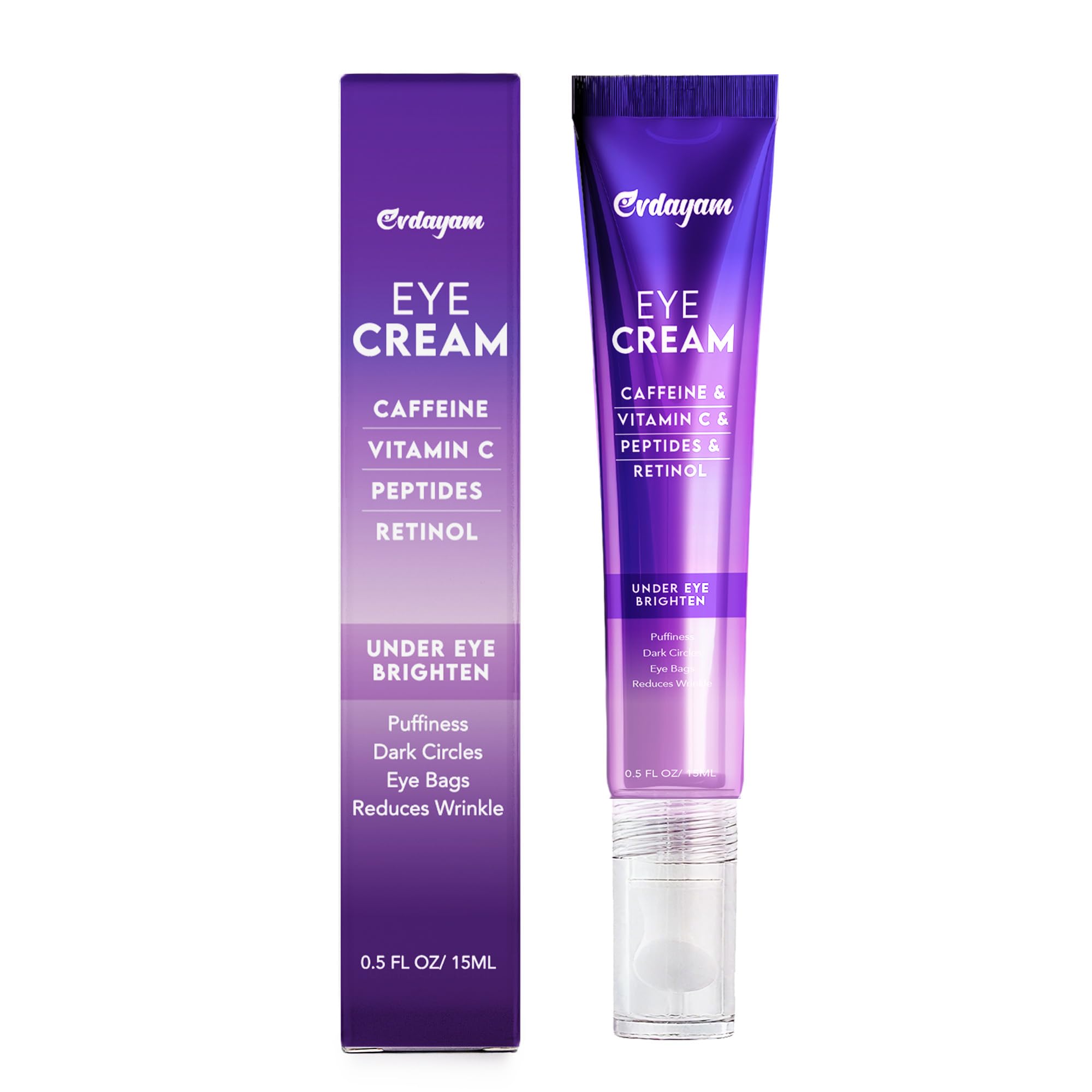 Crème Evdayam yeux caféine en bouteille; peut réduire les poches.