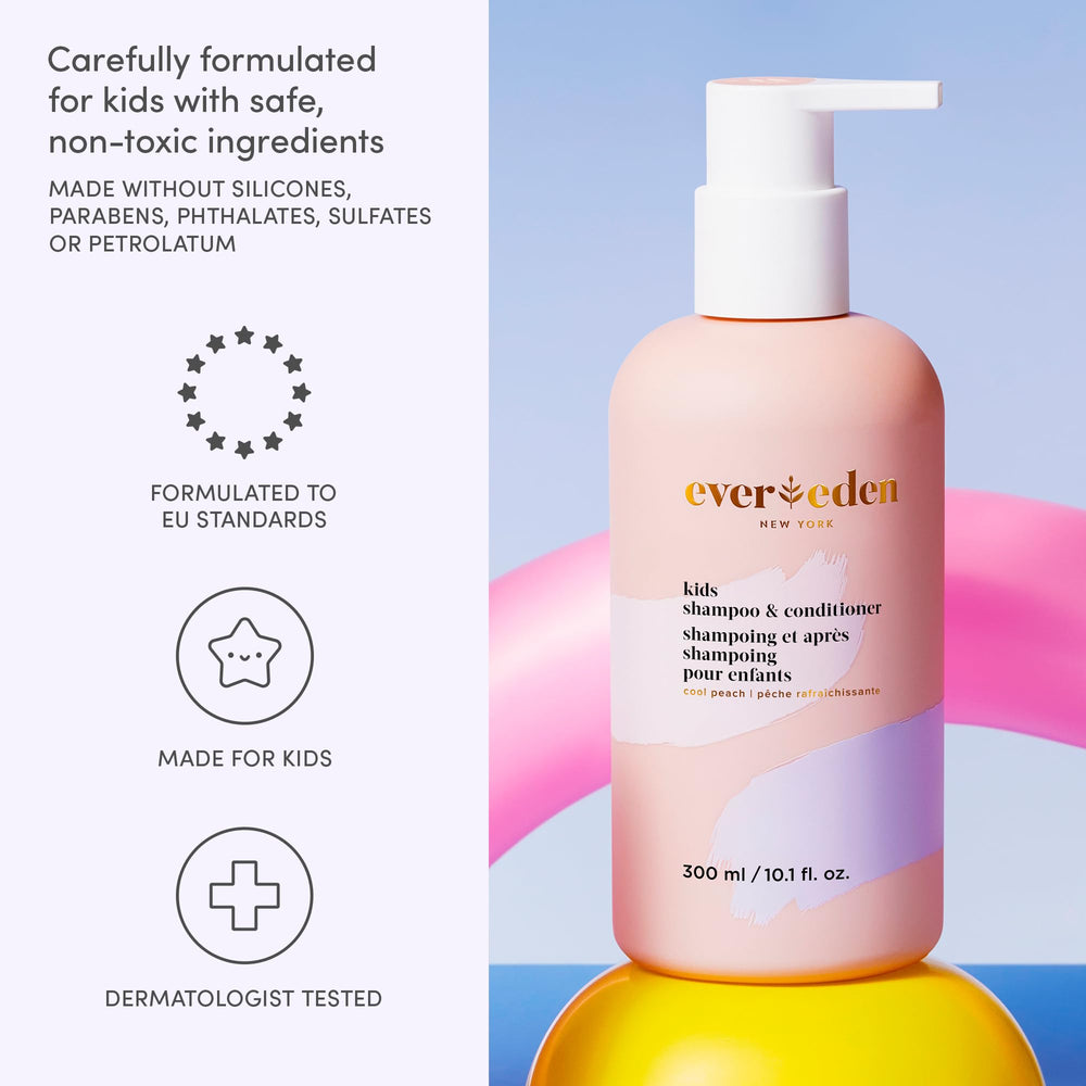 Evereden Kids 2-en-1 Peche Fraiche – démêlage facile et cheveux souples après lavage.