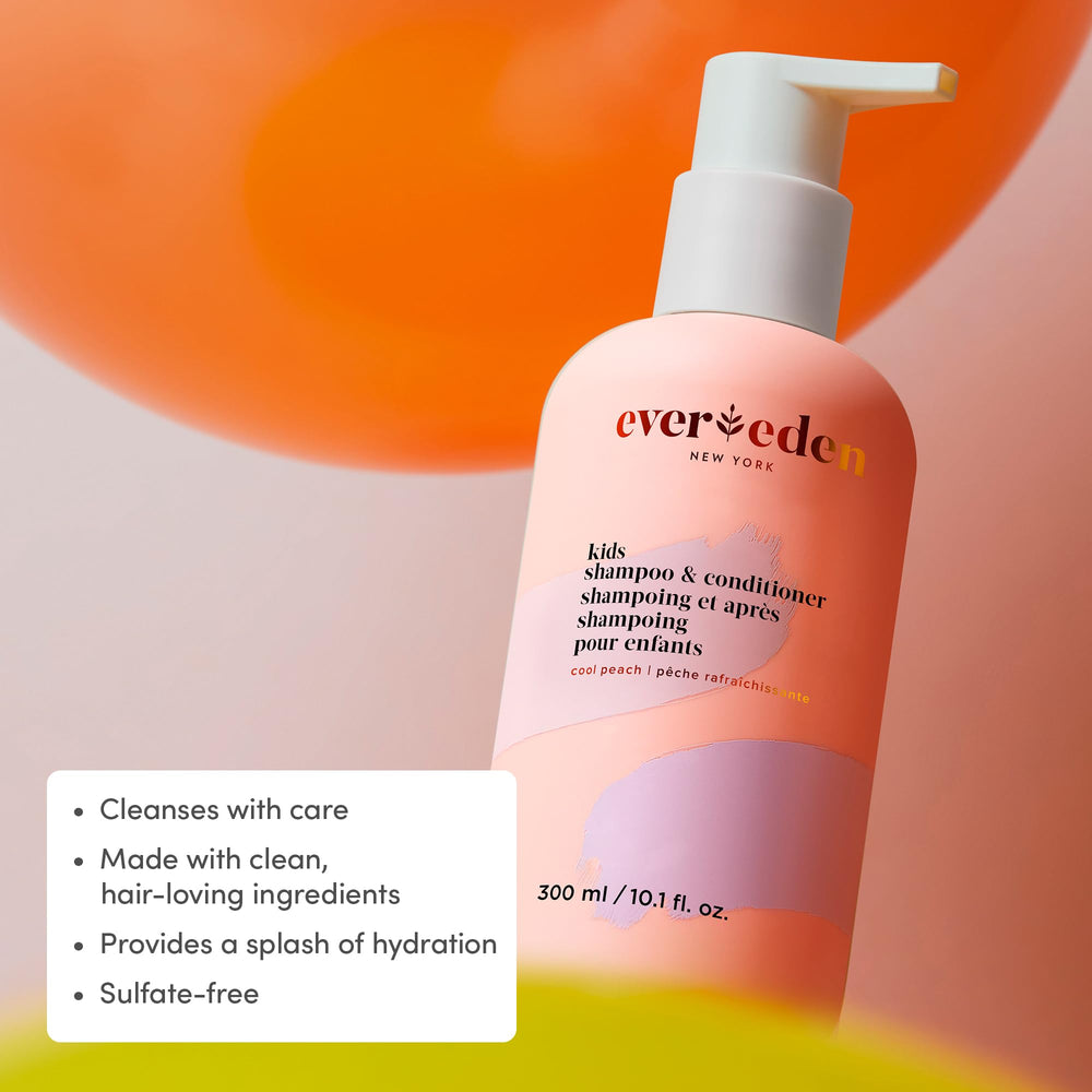 Evereden Kids 2-en-1 Peche Fraiche – mousse légère prête pour un après-shampooing rapide.
