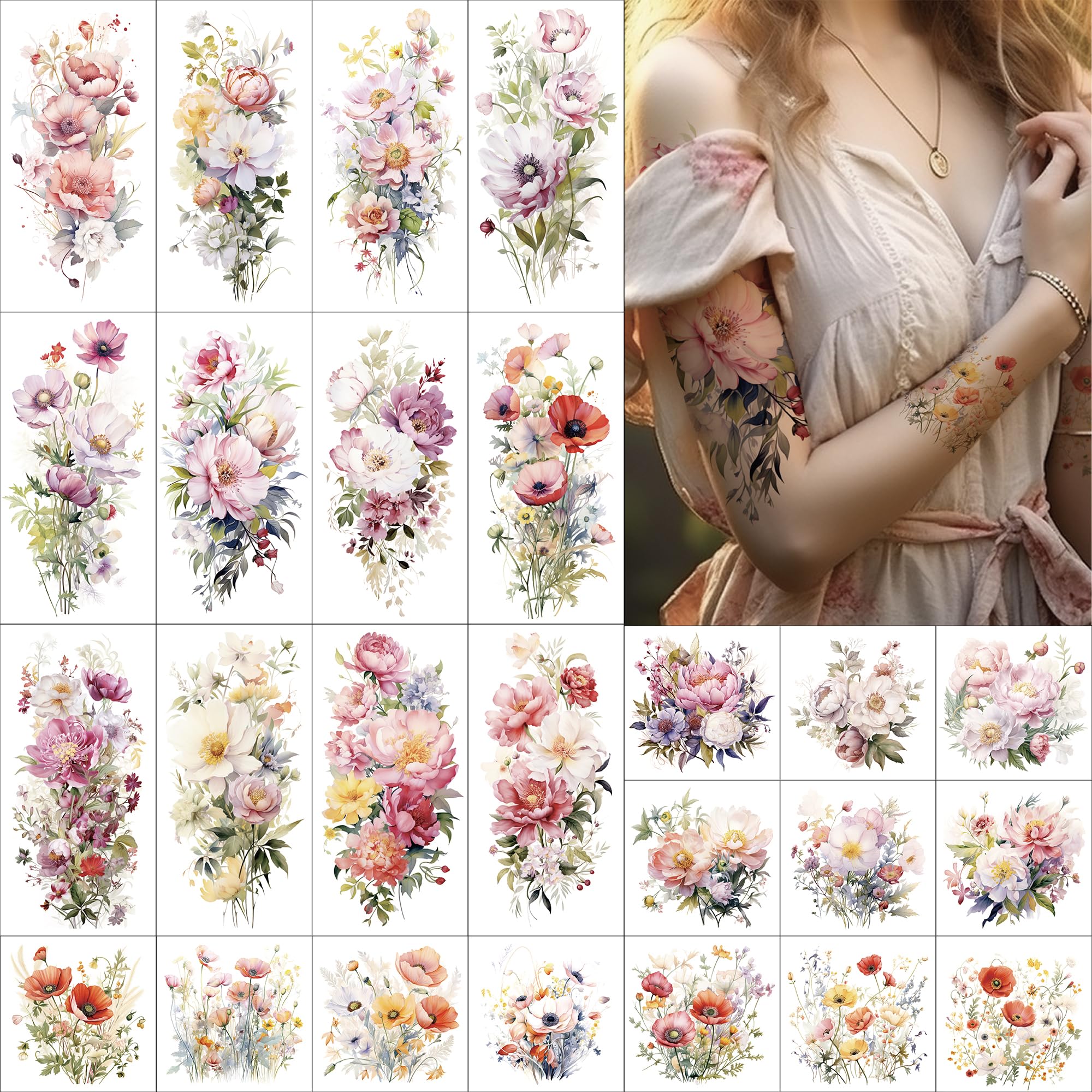 Everjoy tatouage fleurs aquarelle grandes, effet réaliste et durable.