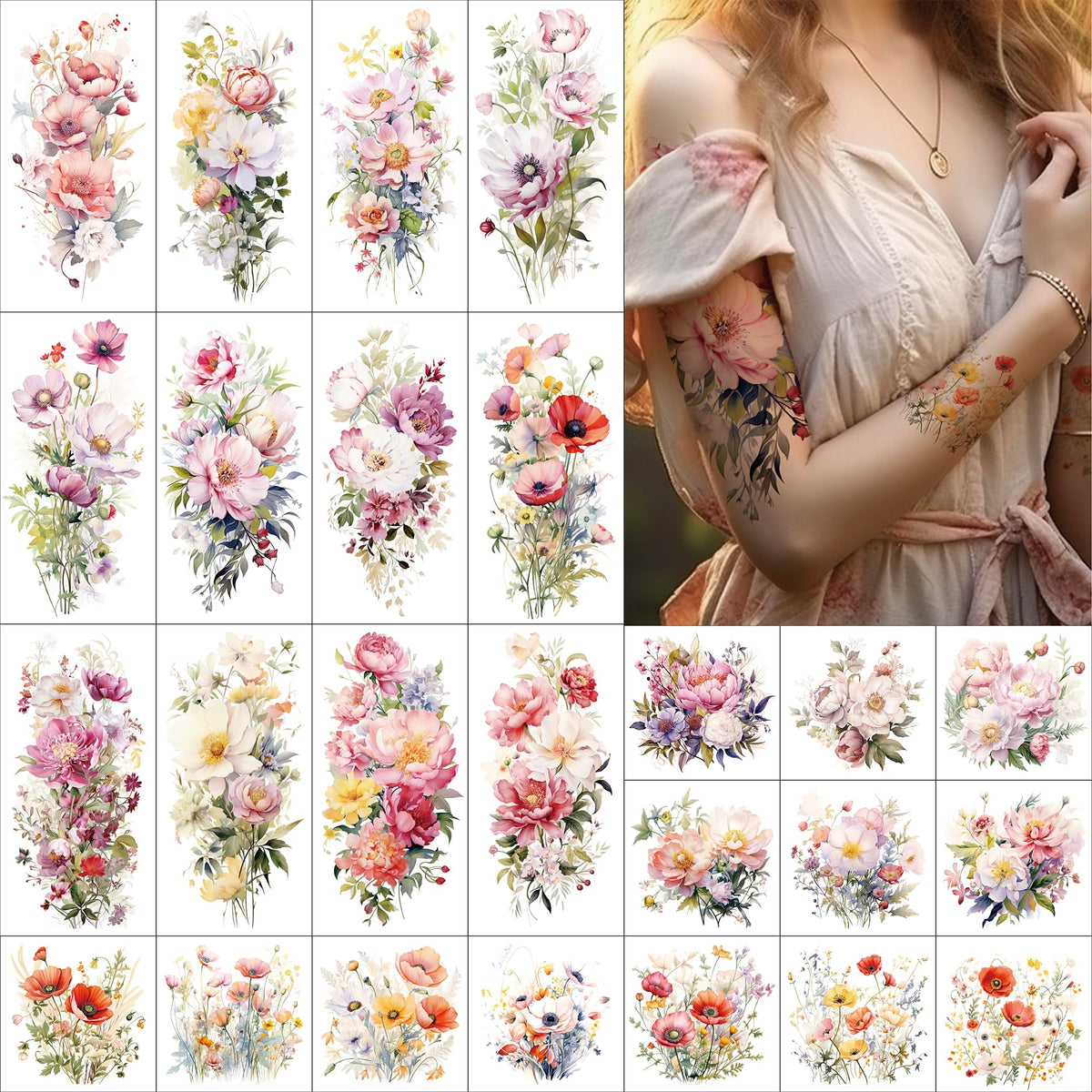 Everjoy tatouage fleurs aquarelle grandes, effet réaliste et durable.
