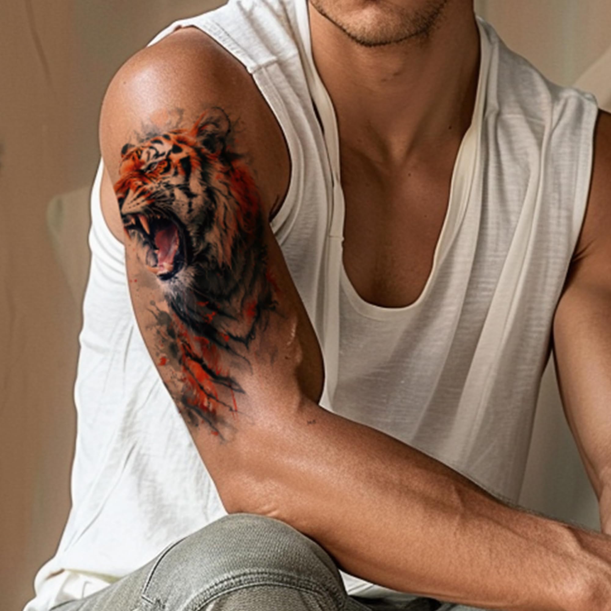 Everjoy tatouage temporaire grandes-feuilles – motifs colorés sur bras.