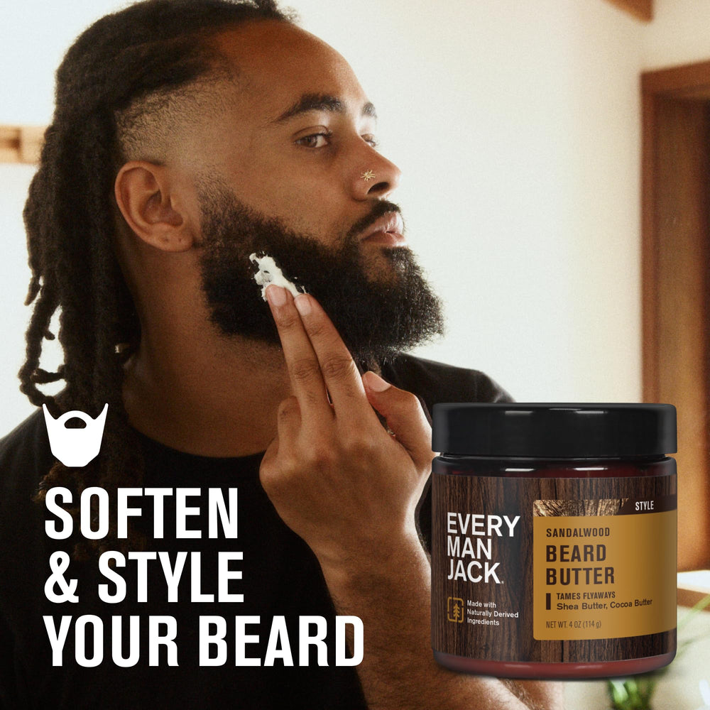 Every Man Jack Beard Butter, santal subtil, idéal après le lavage pour une barbe plus douce.