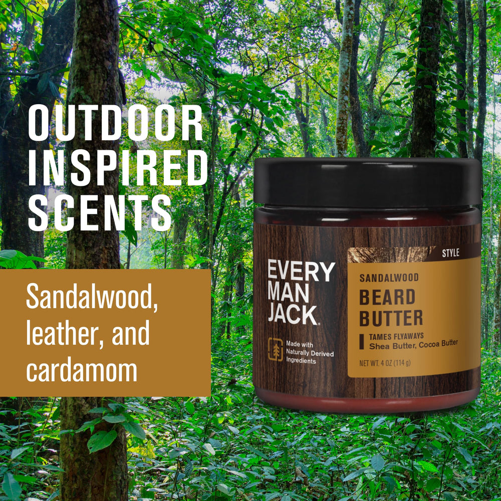 Every Man Jack Beard Butter, parfum santal subtil, convient au soin quotidien et au coiffage.