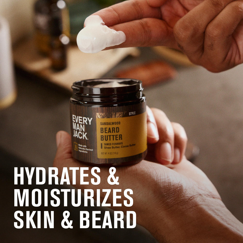 Every Man Jack Beard Butter, santal subtil, nourrit les poils et apaise les nerfs capillaires.