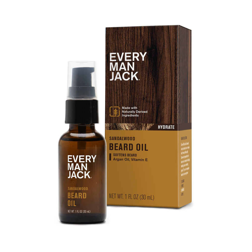 Huile barbe Every Man Jack santal, bouteille visible pour douceur et santé.
