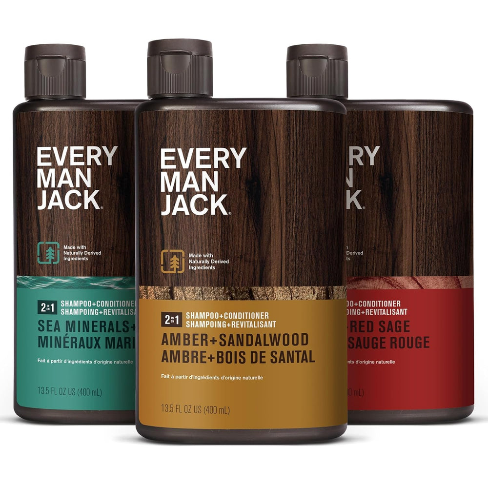 Every Man Jack bouteille ambre-santal, parfum boisé et revitalisant pour cheveux.