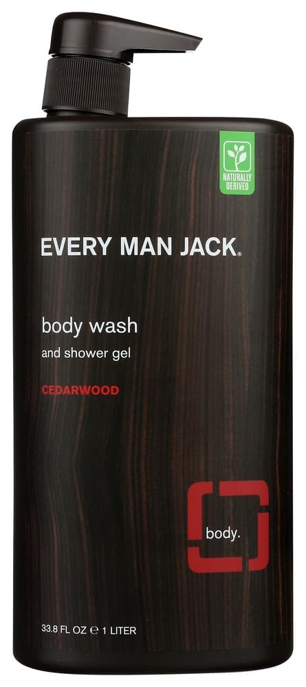 Every Man Jack Cedarwood Body Wash bottle in shower for a refreshing cleanse