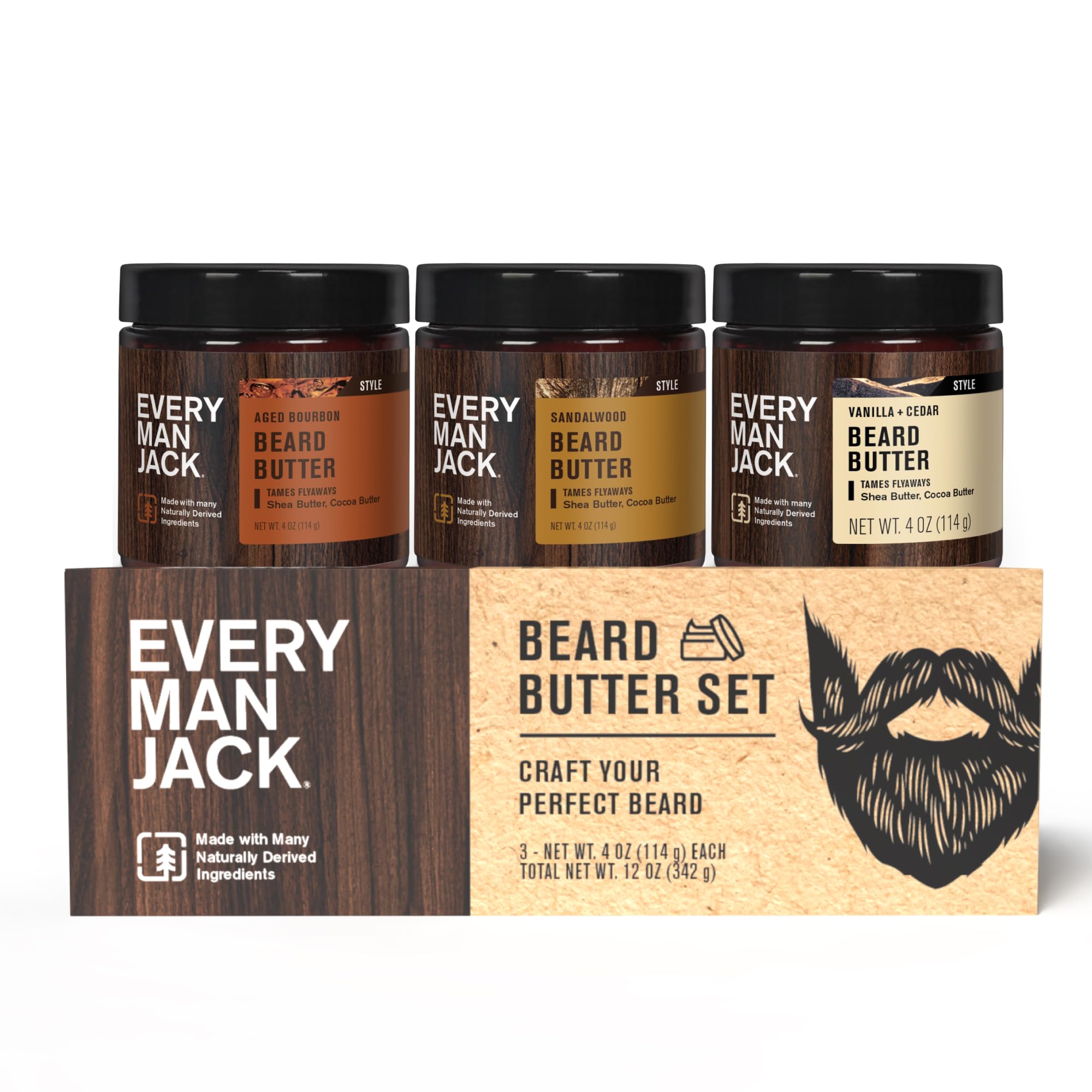 Every Man Jack coffret beurre barbe santal-vanille: hydratation efficace et parfum boisé.