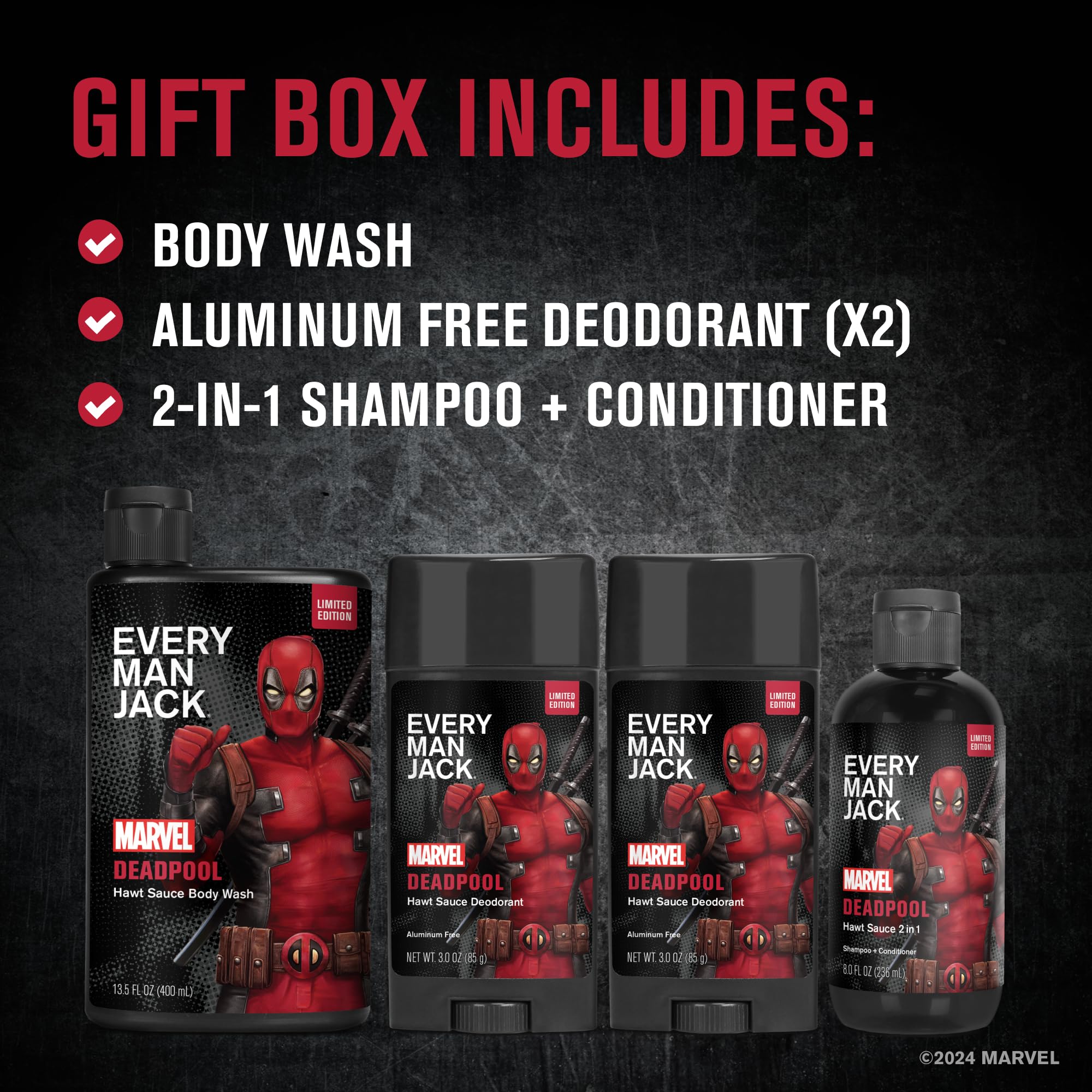 Shampoing Deadpool Every Man Jack, cheveux propres et démêlés facilités.