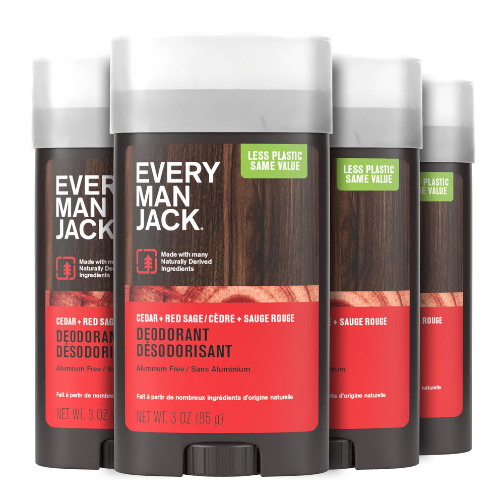 Every Man Jack déodorant cèdre et sauge rouge, parfum boisé et frais, protection durable.