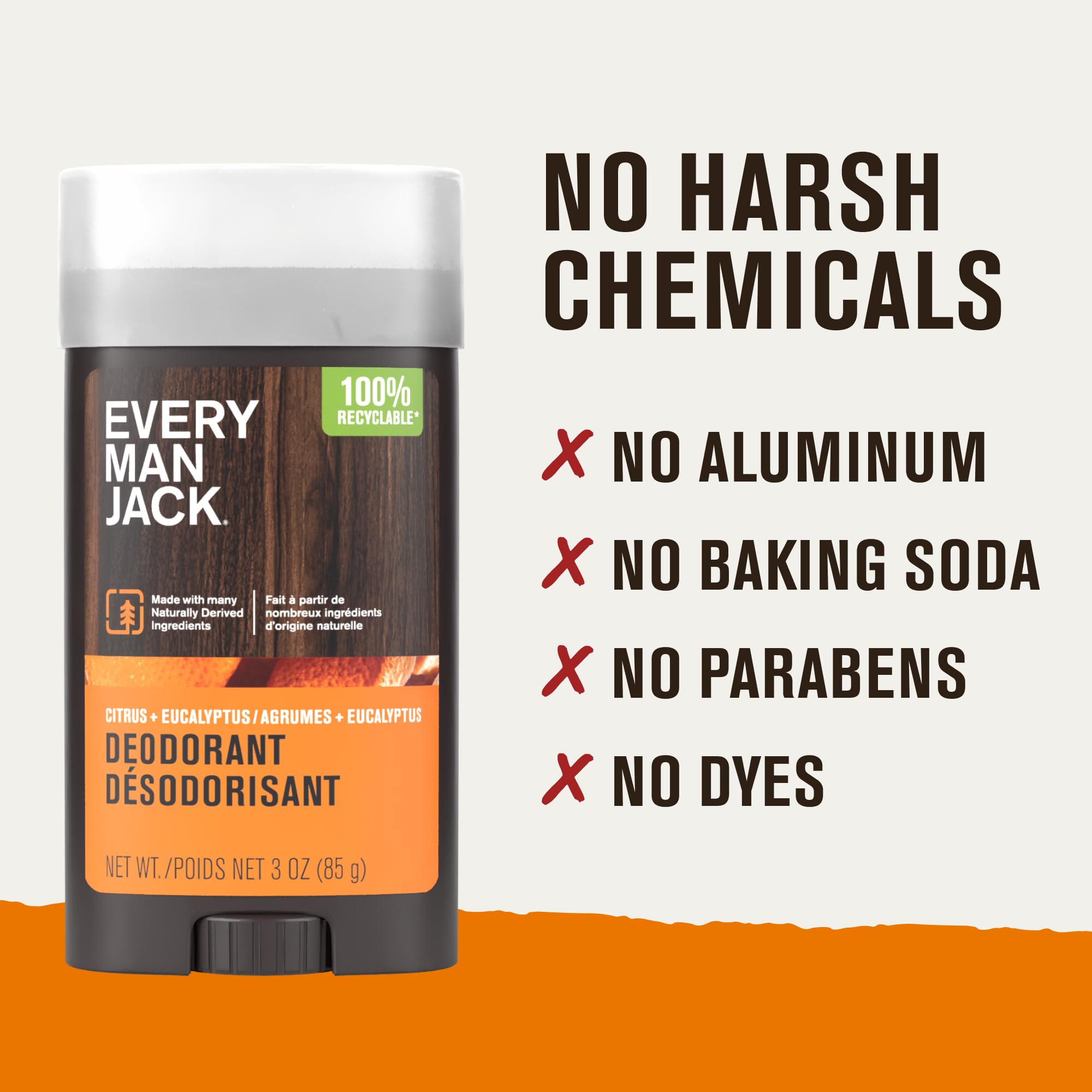 Every Man Jack Citrus et Eucalyptus Déodorant, sans aluminium pour une sensation naturelle.