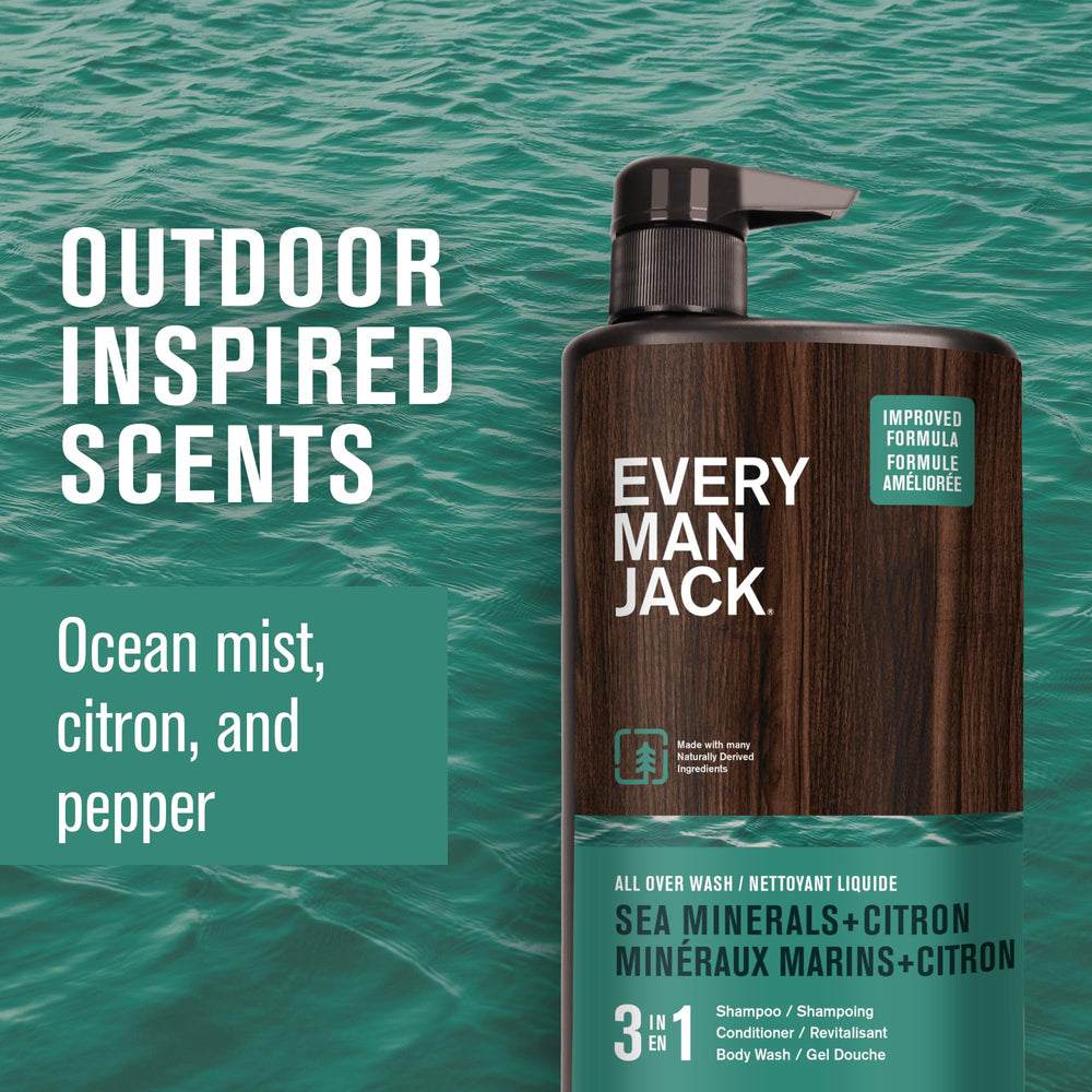 Every Man Jack étiquette épices côtières — parfum rafraîchissant pendant la douche.