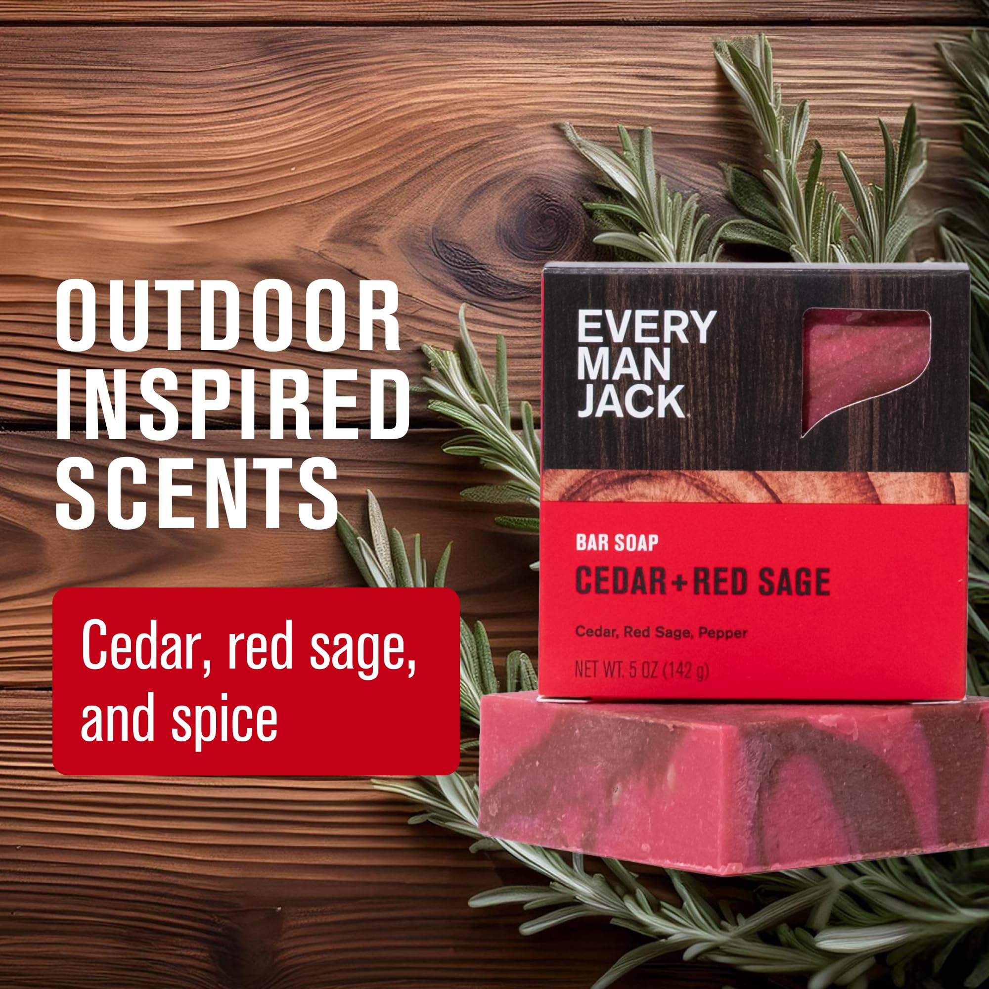 Every Man Jack savon Cedar + Red Sage utilise des ingrédients naturels hydratants.