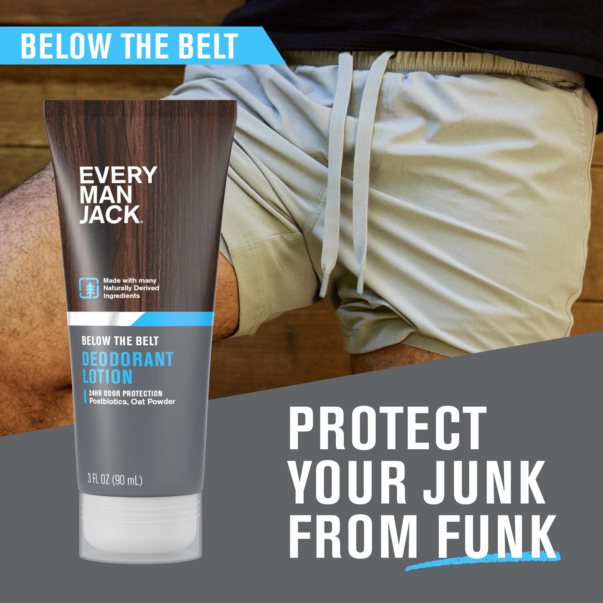 Application douce de la lotion déodorante Every Man Jack après douche.