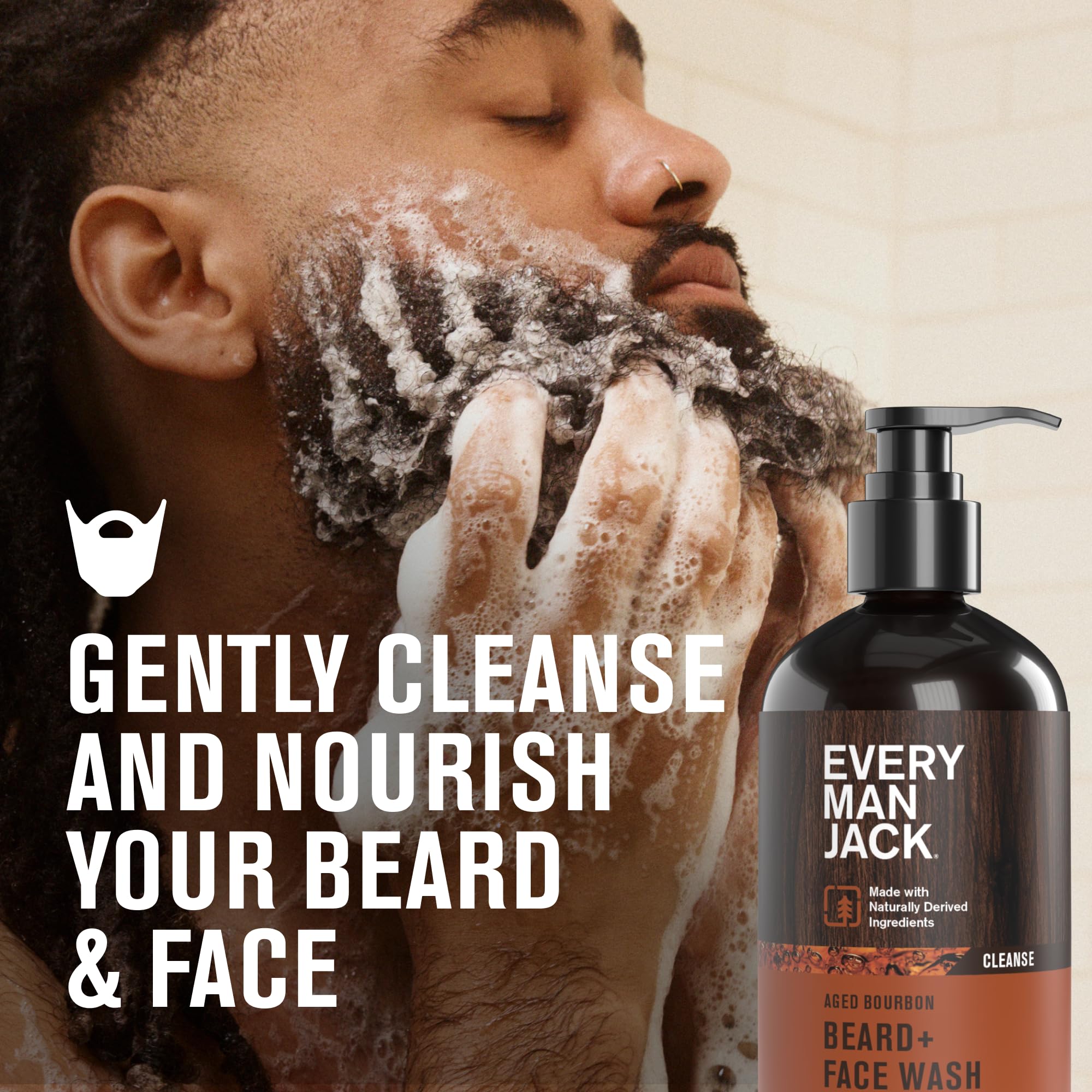 Every Man Jack bouteille soin barbe-visage, parfum vanille-conifères pour usage quotidien.