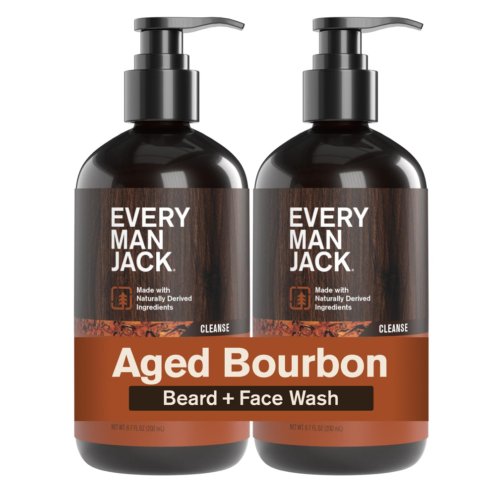 Every Man Jack nettoie barbe et visage avec mousse légère et parfum bourbon subtil.