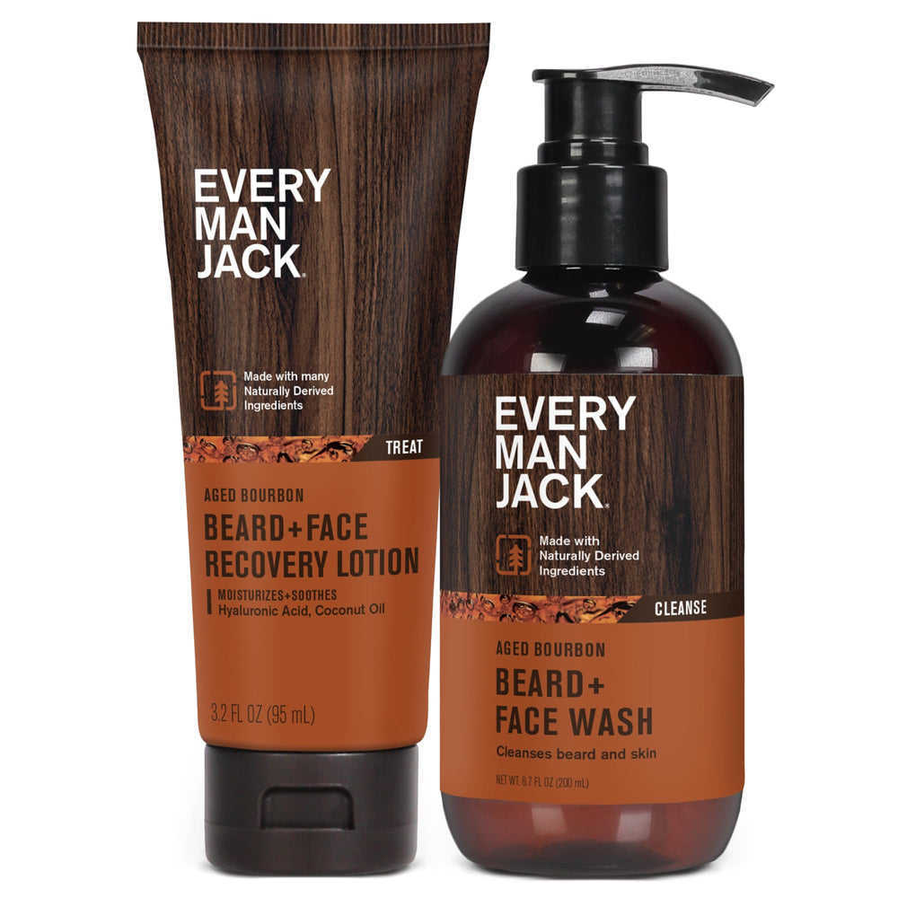 Every Man Jack nettoyant barbe et visage bourbon vieilli, nettoie en douceur et apaise peau et poils.