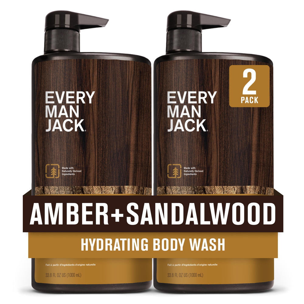 Gel douche nourrissant Every Man Jack avec ambre et santal, hydratation douce assurée.