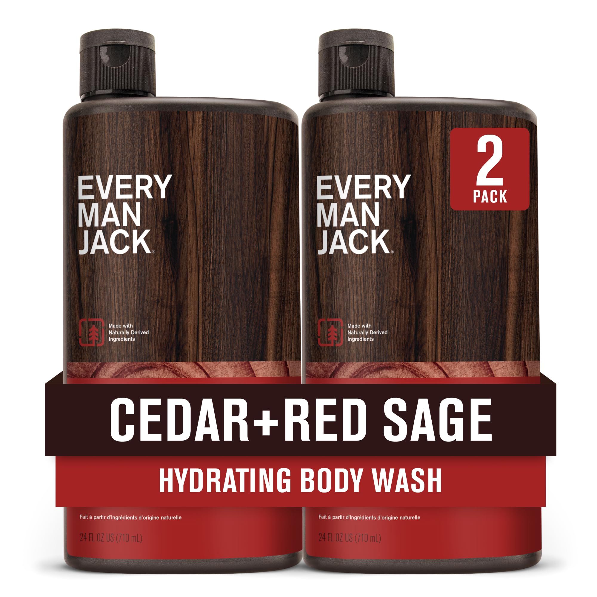 Every Man Jack – bouteille-douche cèdre-sauge rouge, hydratation légère et parfum boisé.