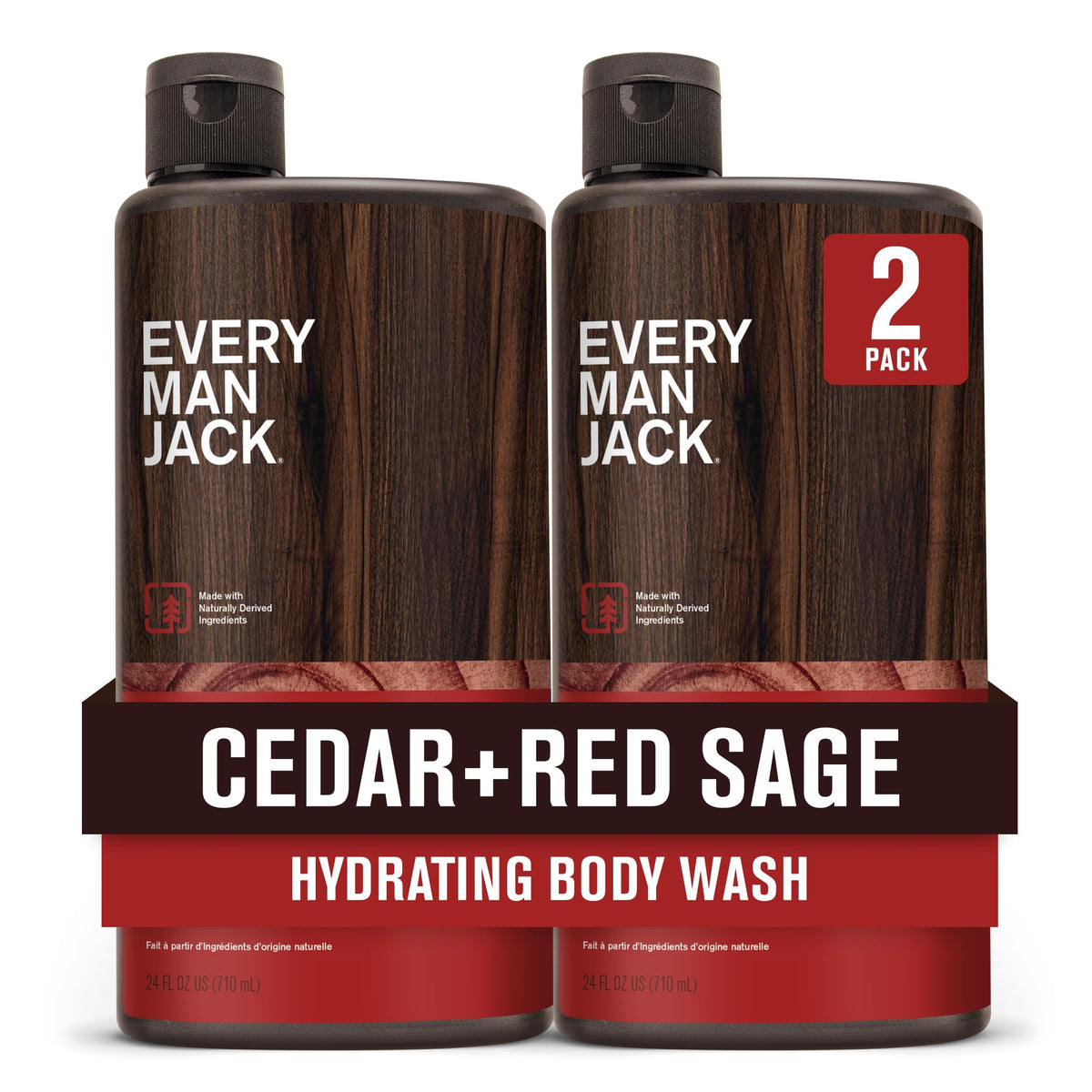Every Man Jack – bouteille-douche cèdre-sauge rouge, hydratation légère et parfum boisé.
