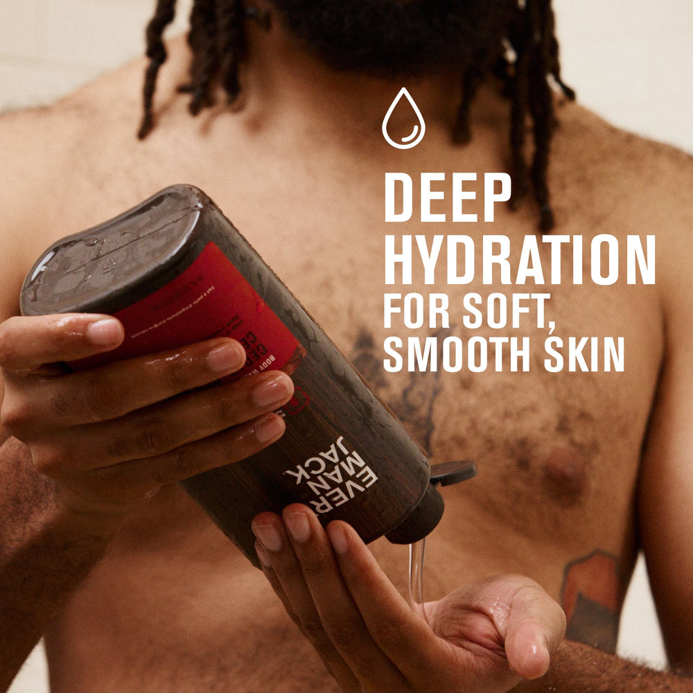 Every Man Jack – mousse-douche cèdre-sauge rouge, texture riche et sensation rafraîchissante.