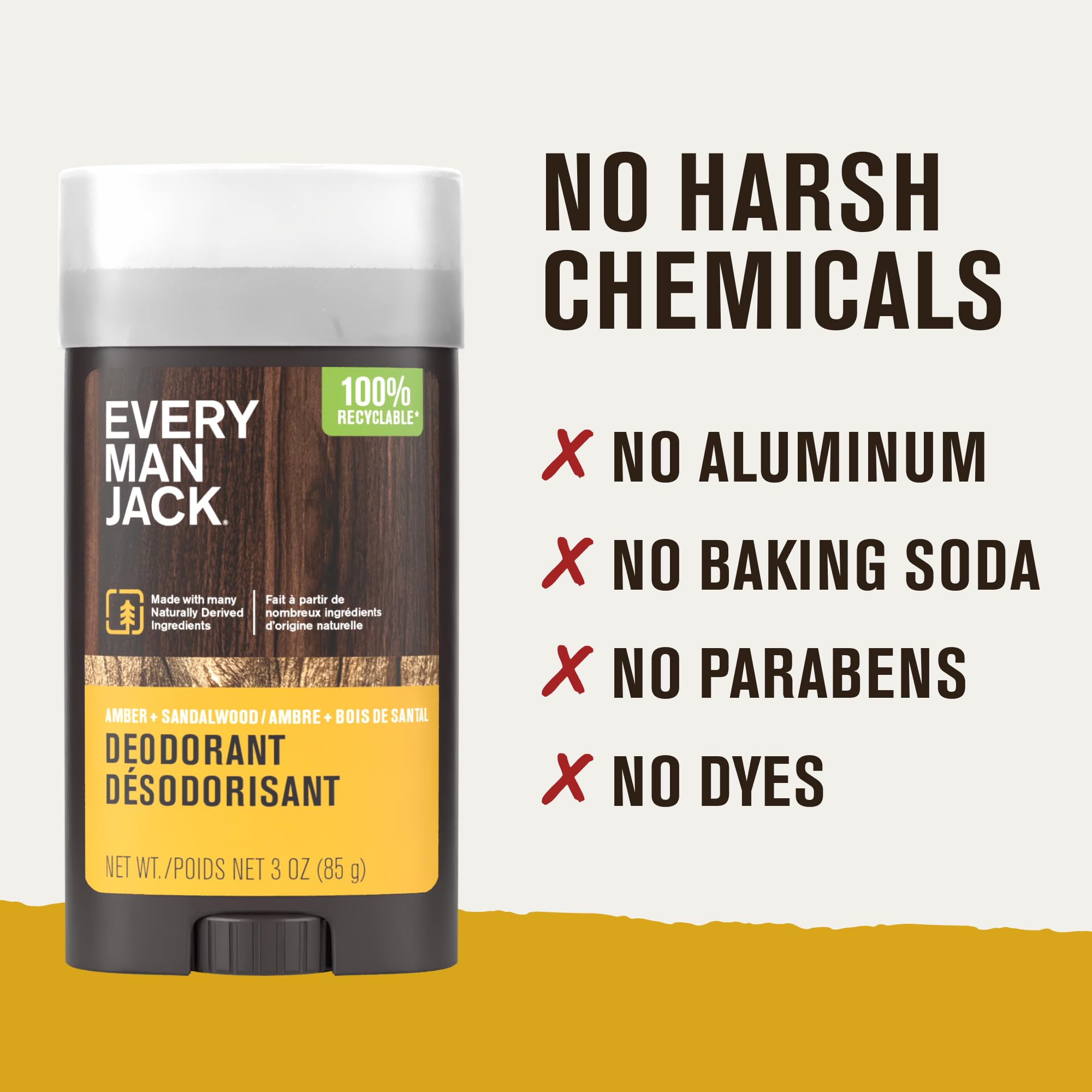 Pack de 4 déodorants Every Man Jack Amber + Sandalwood pour toute la famille.