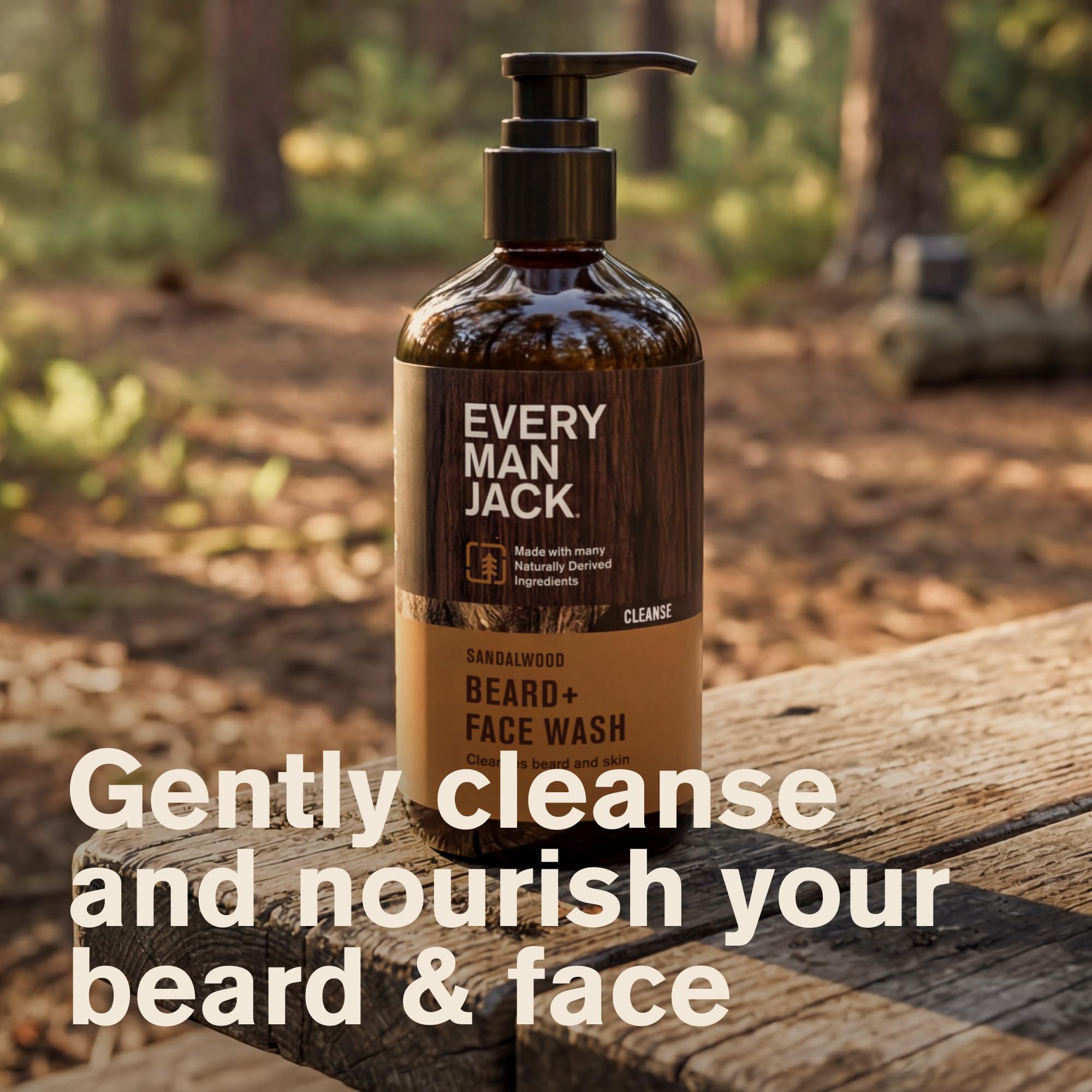 Every Man Jack sandalwood beard wash label closeup shows aloe and coconut ingredients