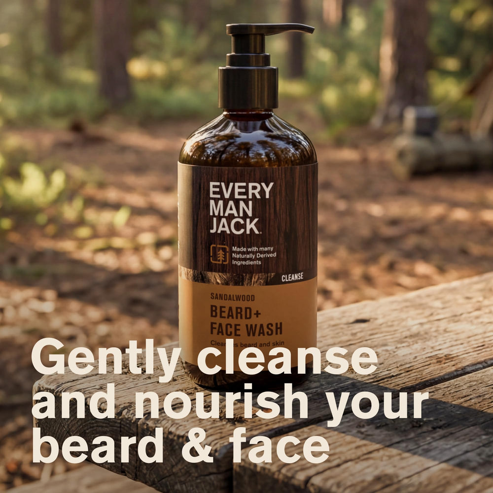 Every Man Jack sandalwood beard wash label closeup shows aloe and coconut ingredients