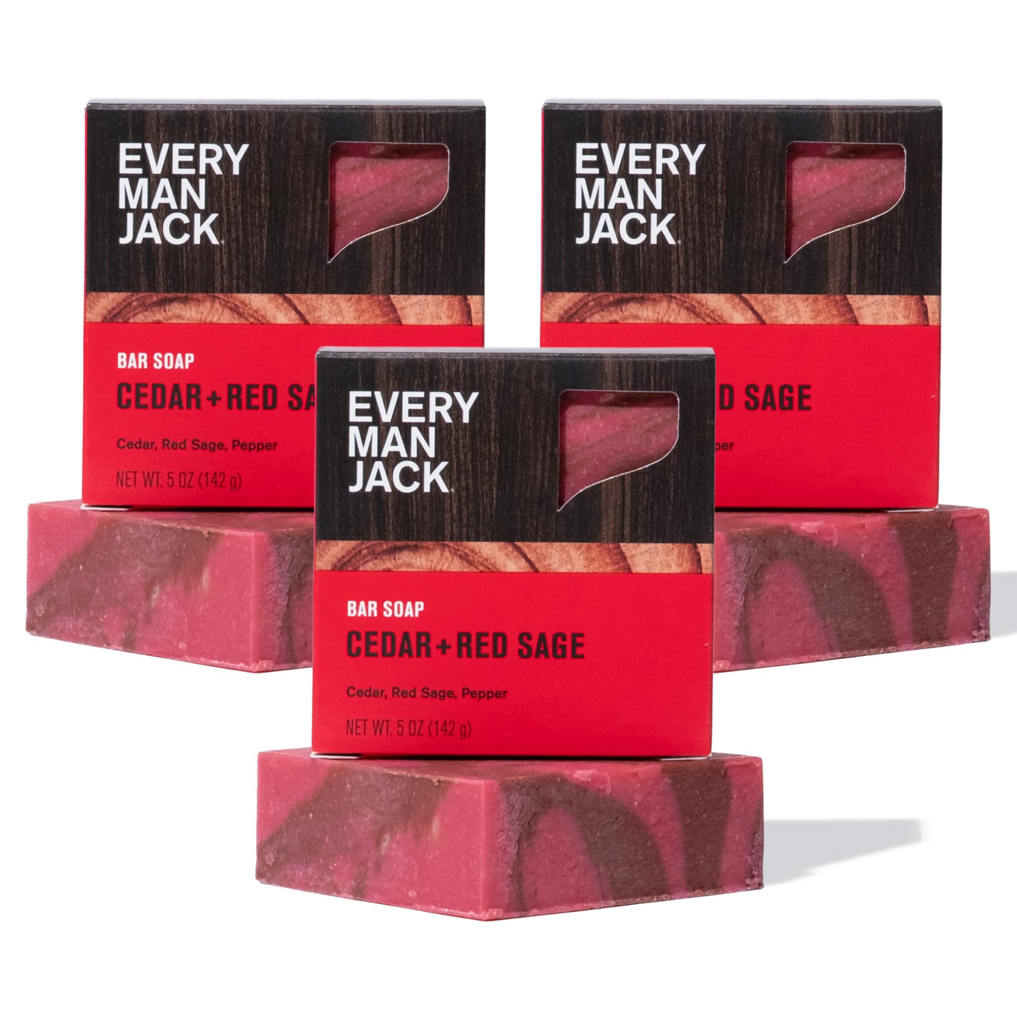 Every Man Jack savon solide Cedar + Red Sage, paquet trois, nettoie en profondeur.