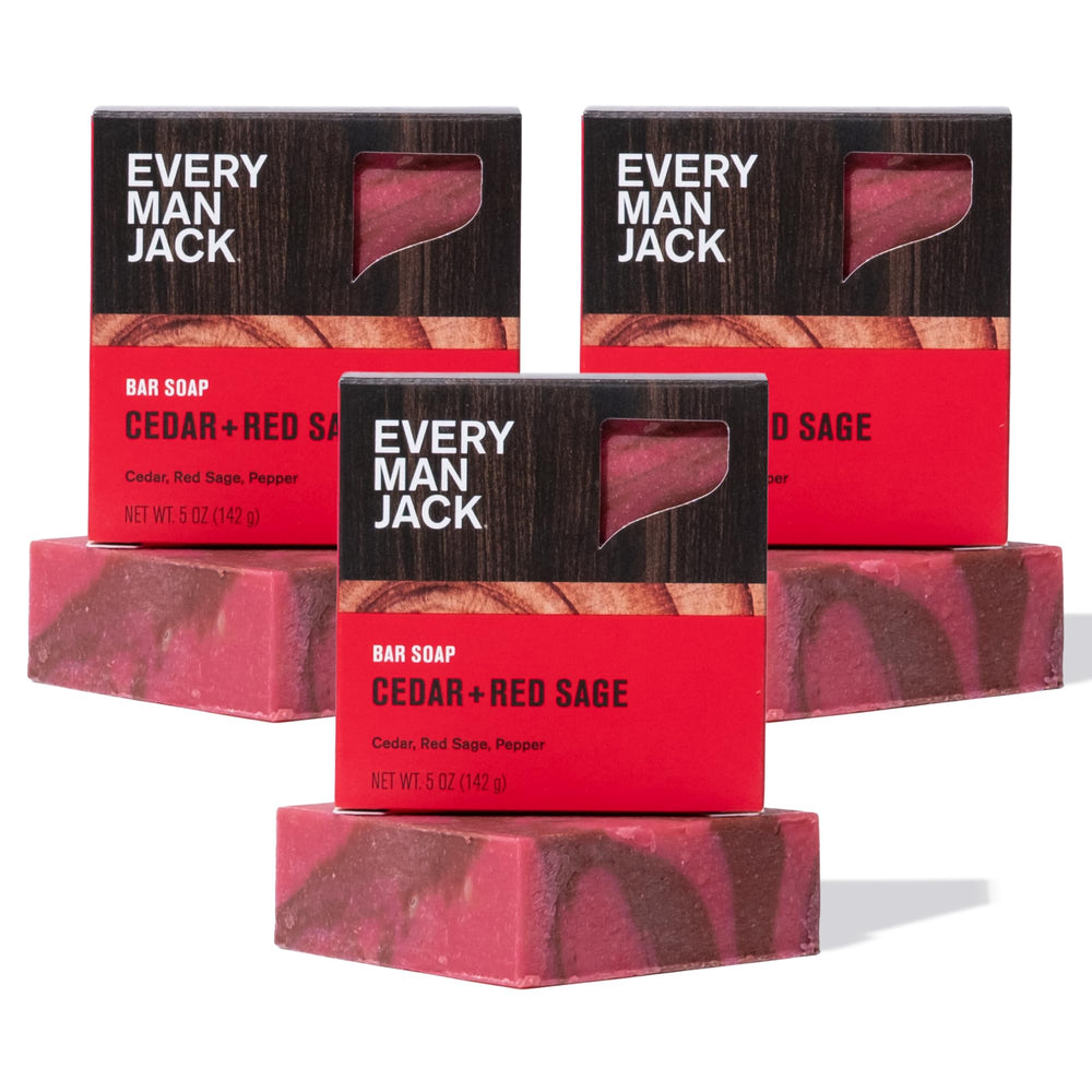 Every Man Jack savon solide Cedar + Red Sage, paquet trois, nettoie en profondeur.