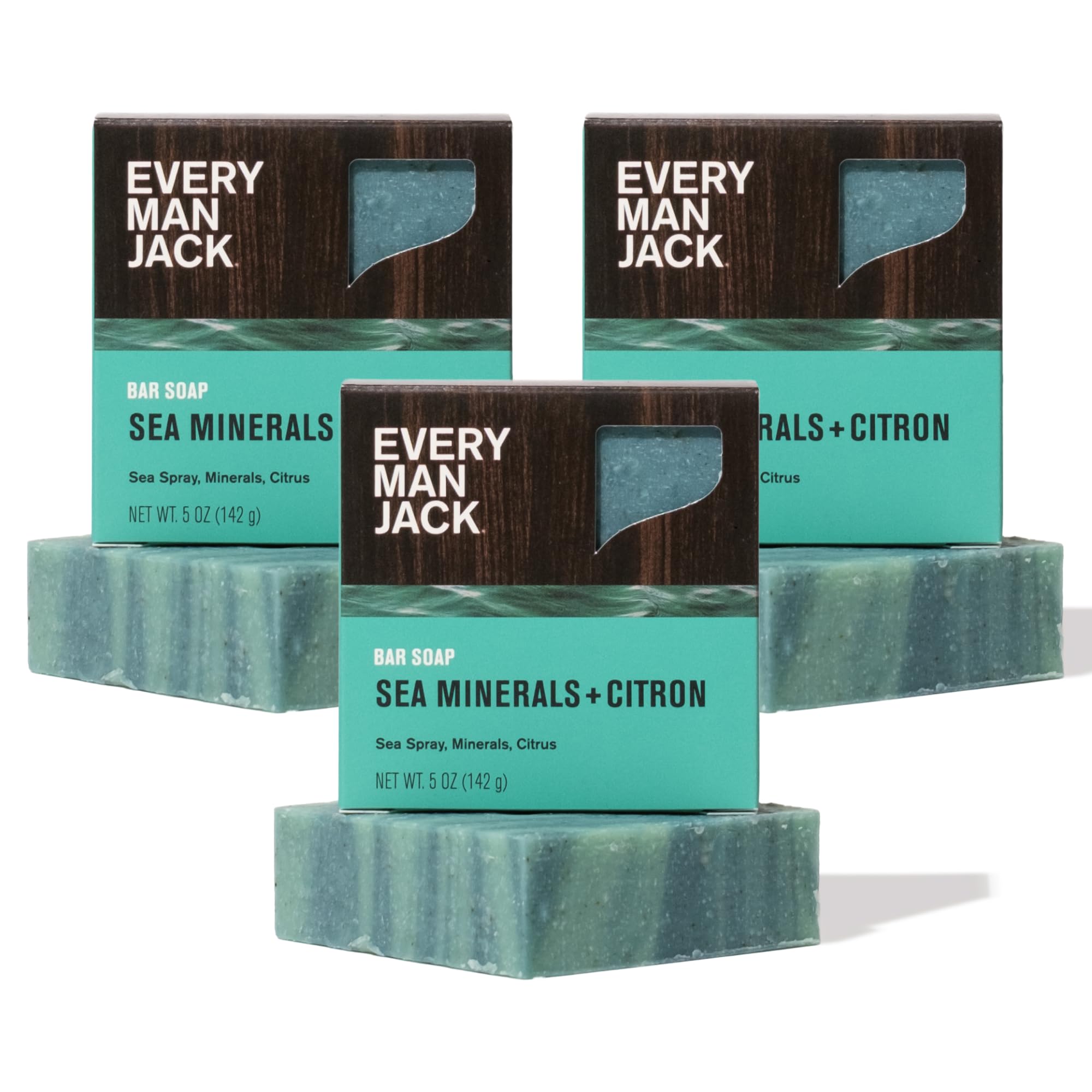Savon solide Every Man Jack 3-pack, nettoyage en profondeur et parfum frais.