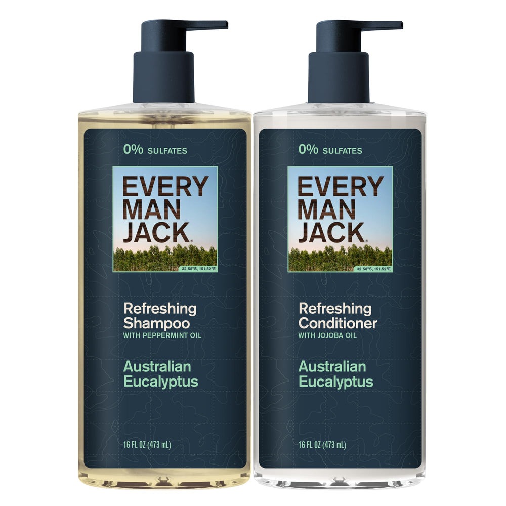 Shampooing Every Man Jack à l’eucalyptus en bouteille pour cuir chevelu rafraîchi.
