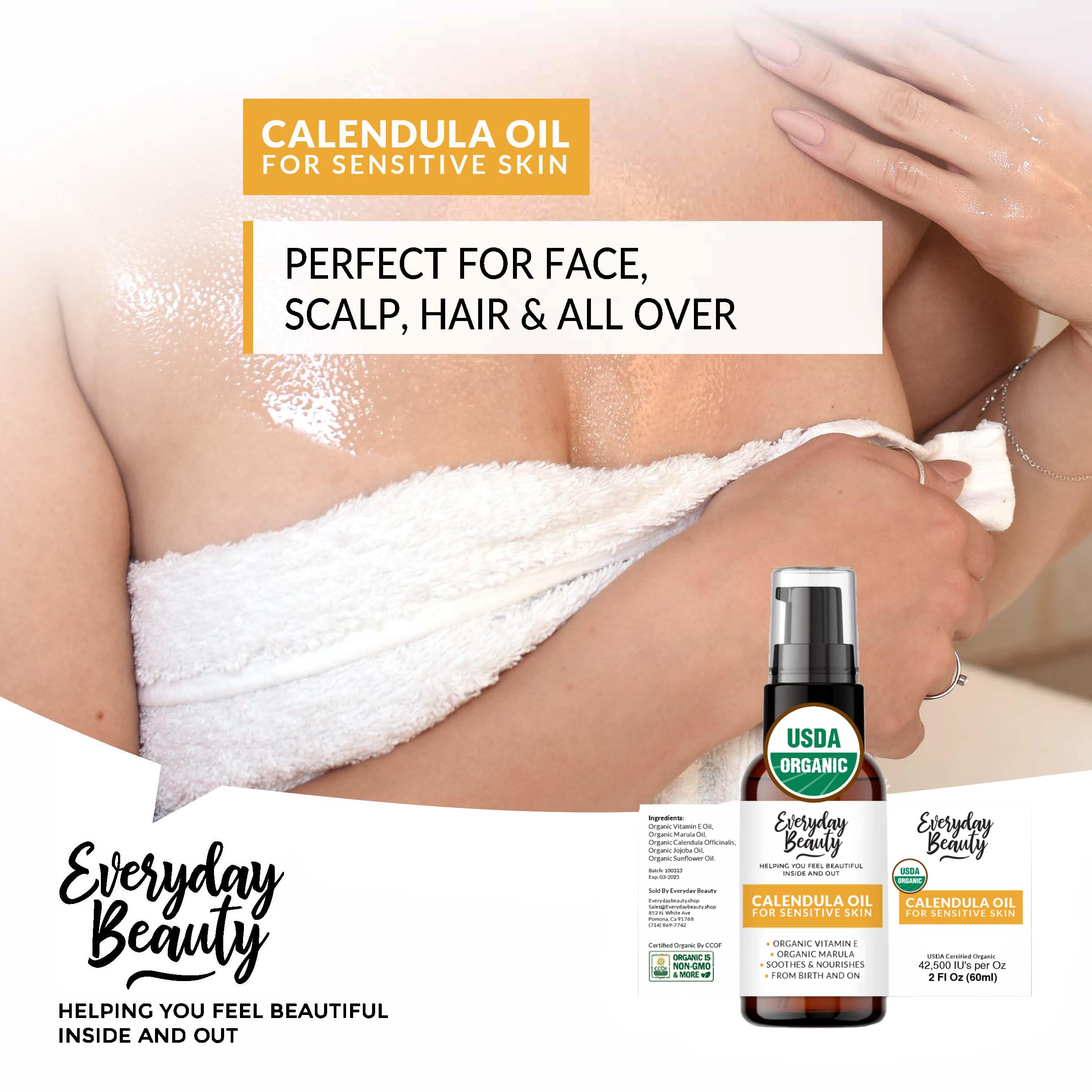 Everyday Beauty calendula oil on dry skin delivering subtle hydration