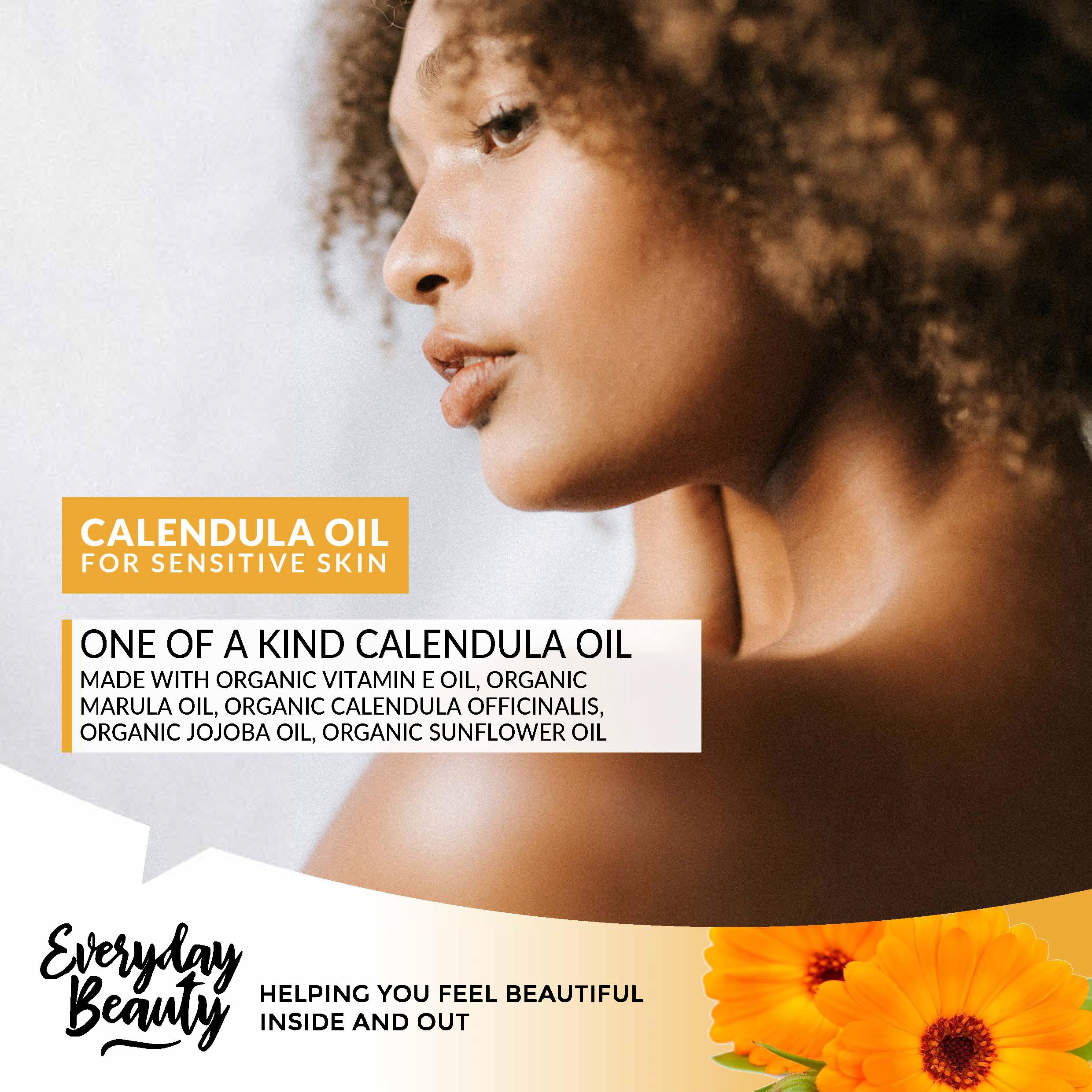 Everyday Beauty calendula oil label highlights organic ingredients