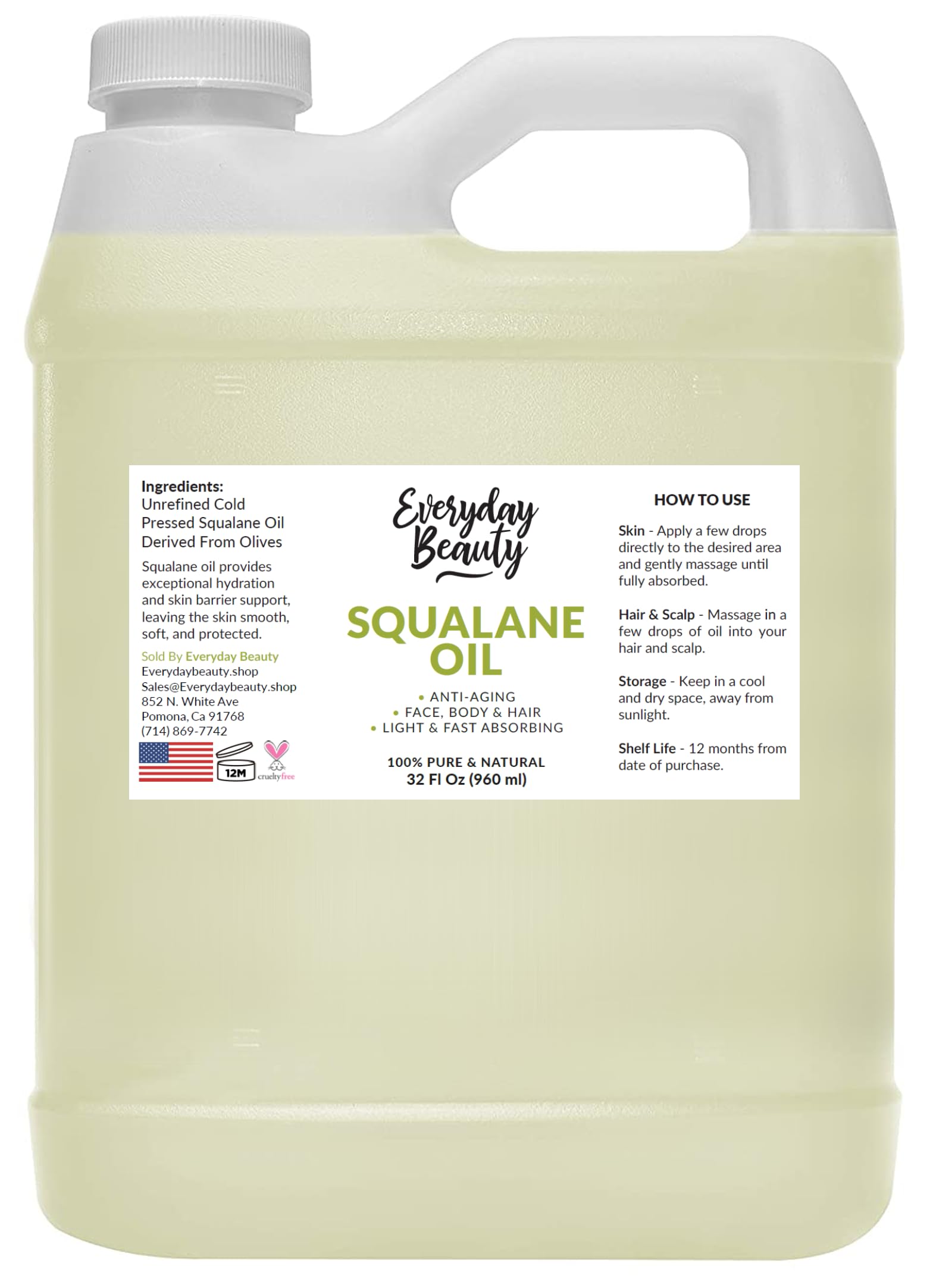 Huile squalane Everyday Beauty, bouteille-pour: hydratation légère sans gras et absorption rapide.