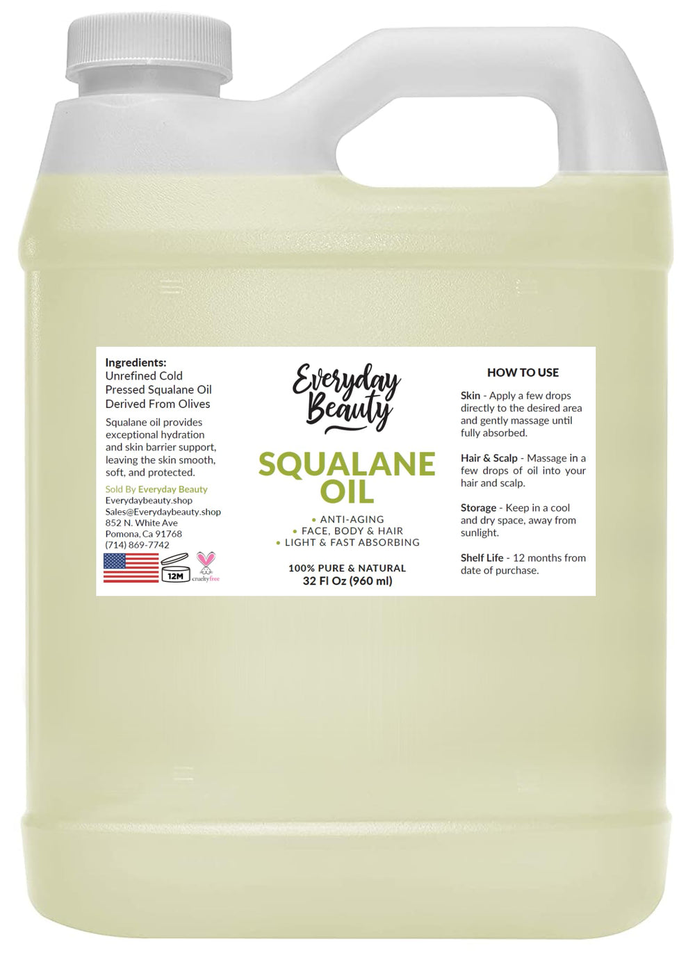 Huile squalane Everyday Beauty, bouteille-pour: hydratation légère sans gras et absorption rapide.