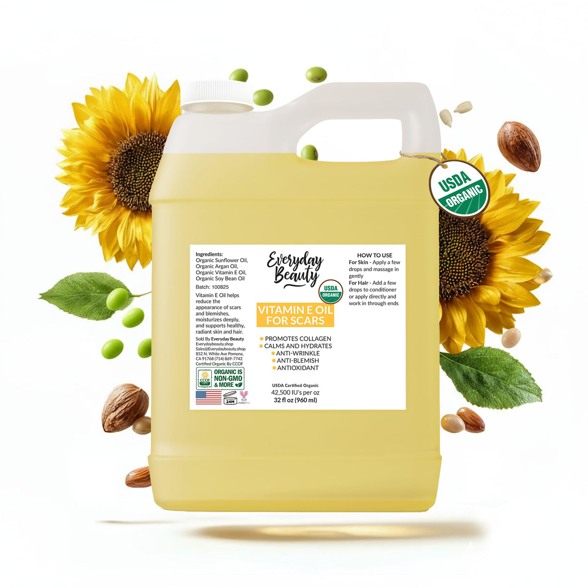 Everyday Beauty huile vitamine E bio – bouteille 32oz prête à hydrater peau et ongles.